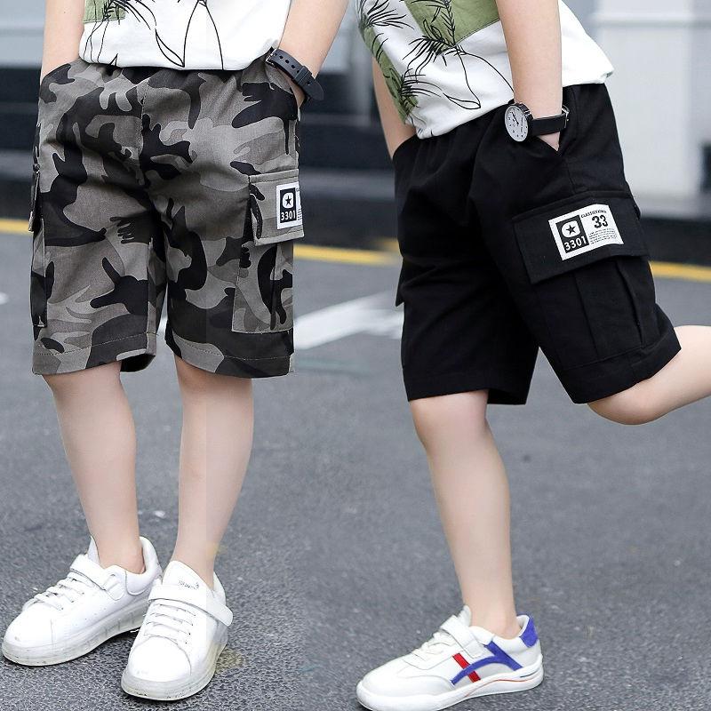 SHIZI Jongens Shorts voor de zomer Camouflage Losse Broek Tiener Broek Shorts Katoen Zwarte Broek Mode Kinderkleding 2-16 Jaar 170cm zwart