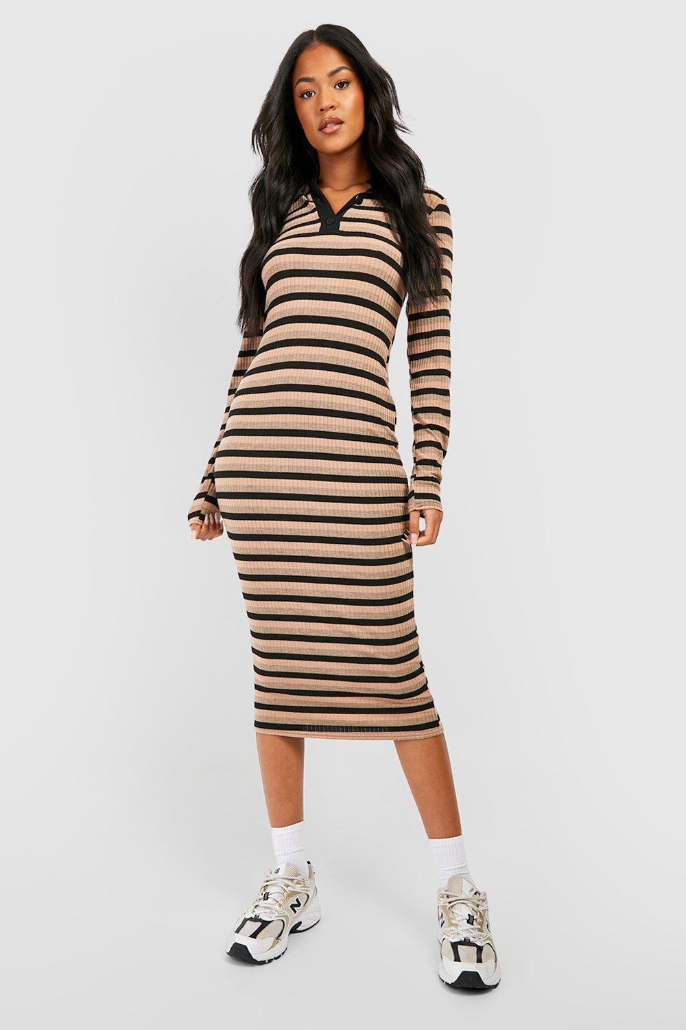 Boohoo Tall Gestreepte Half Geknoopte Bodycon Midi Jurk Met Lange Mouwen, Stone