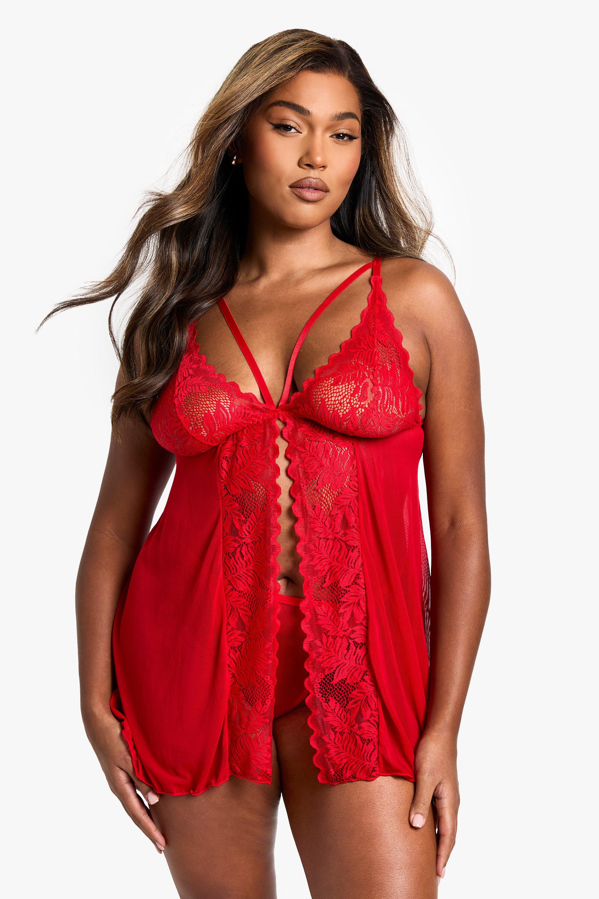 Boohoo Plus Rode Kanten Babydoll Met Split, Red