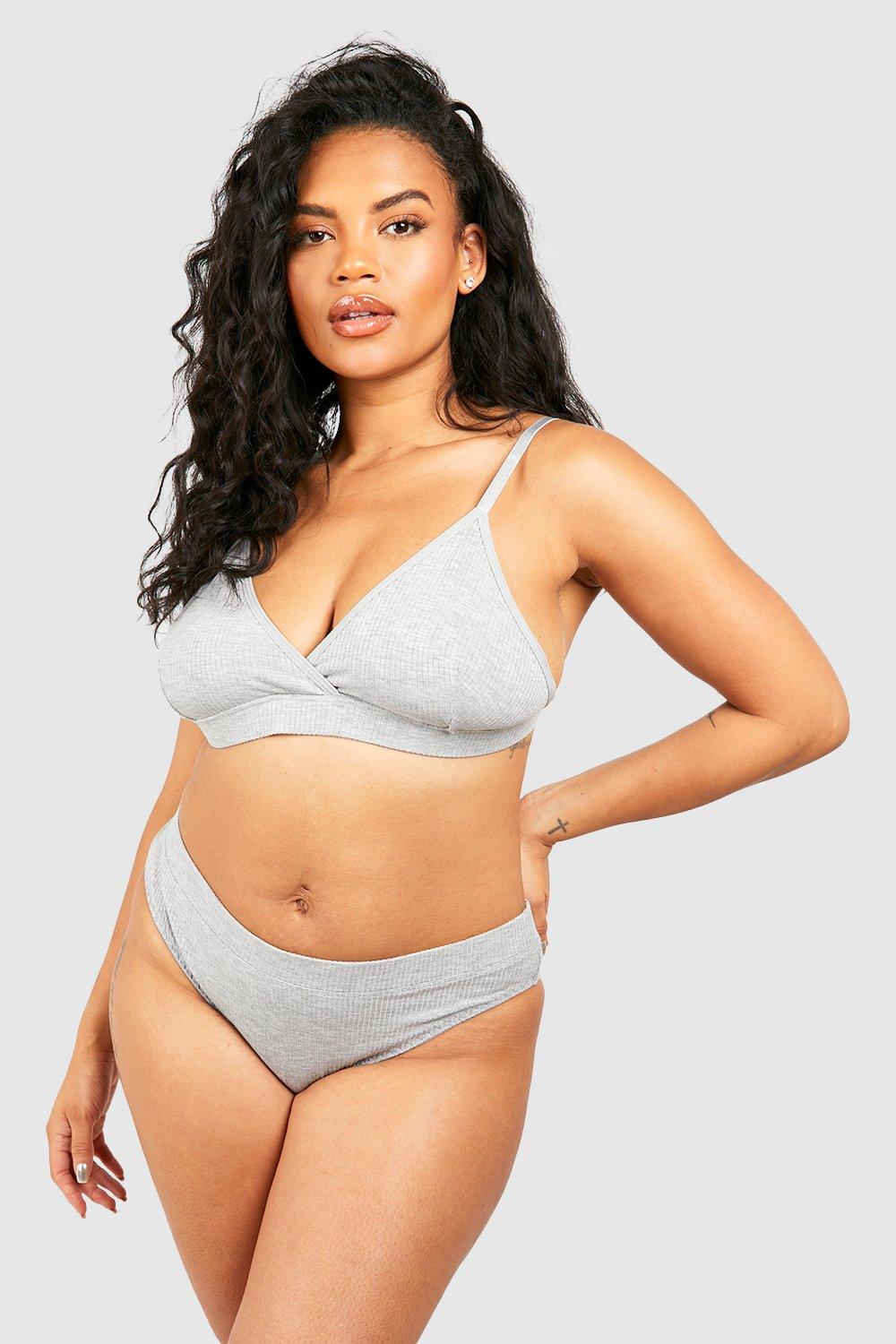 Boohoo Plus Geribbelde Driehoekige Bralette En Slip Set, Grey