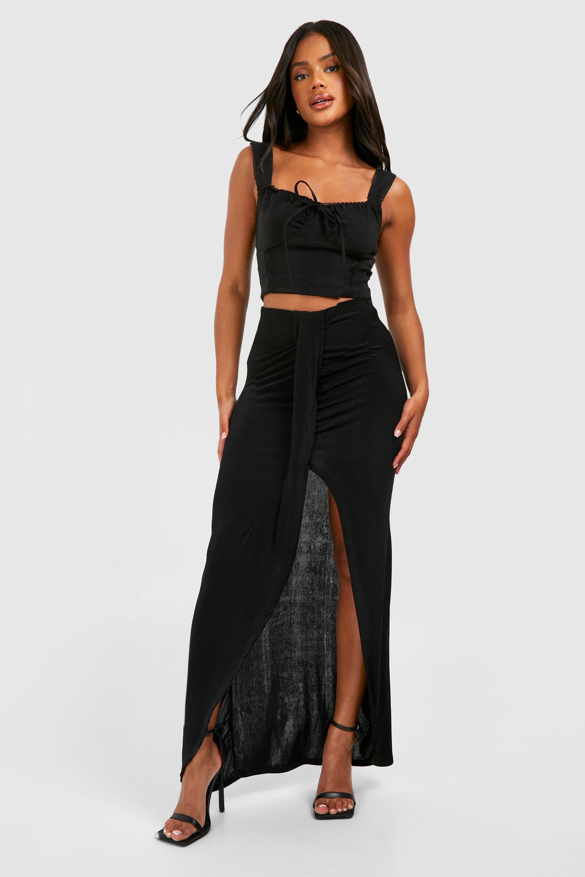 Boohoo Strakke Gedrapeerde Acetate Maxi Rok, Black