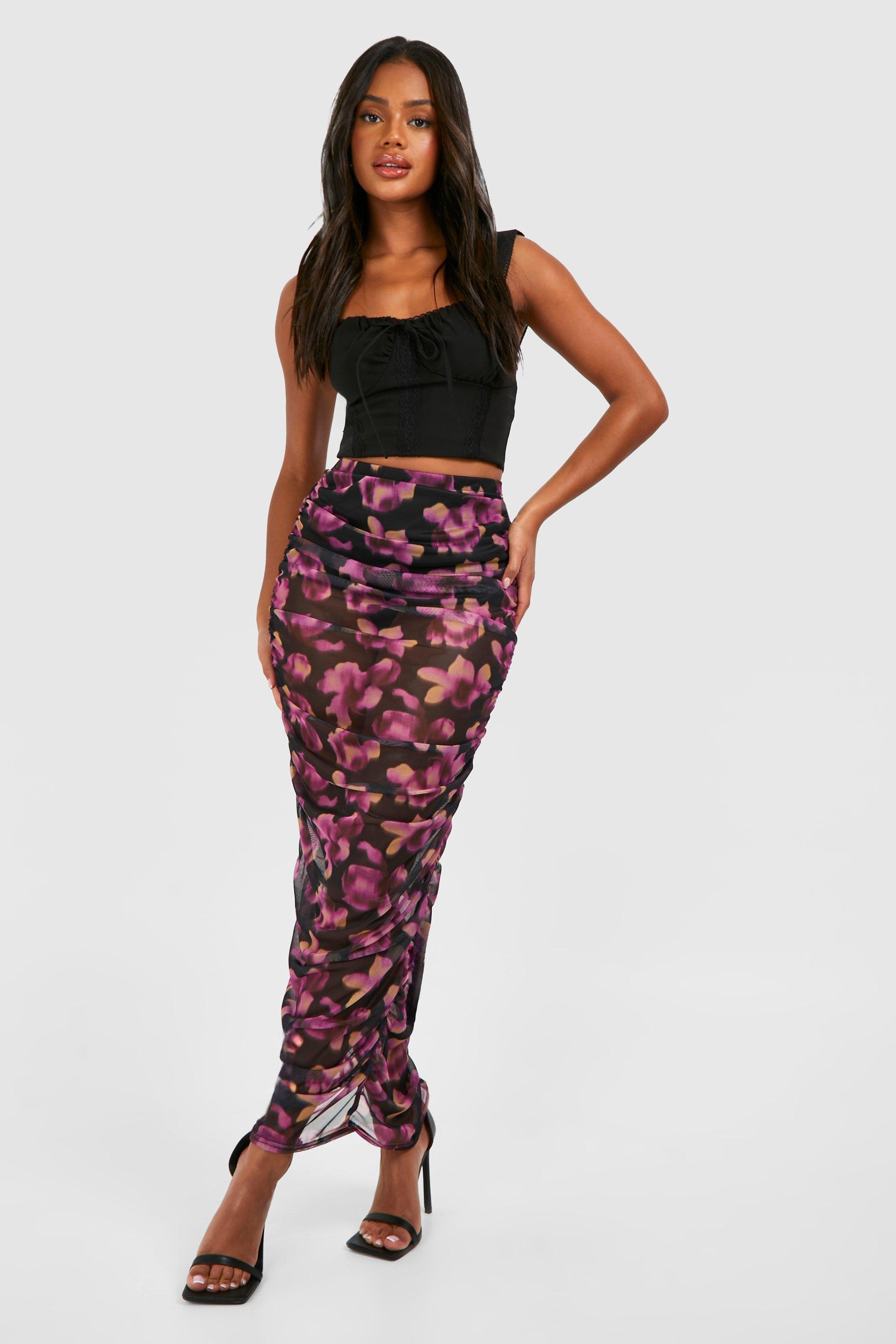 Boohoo Geplooide Mesh Bloemen Maxi Rok, Black