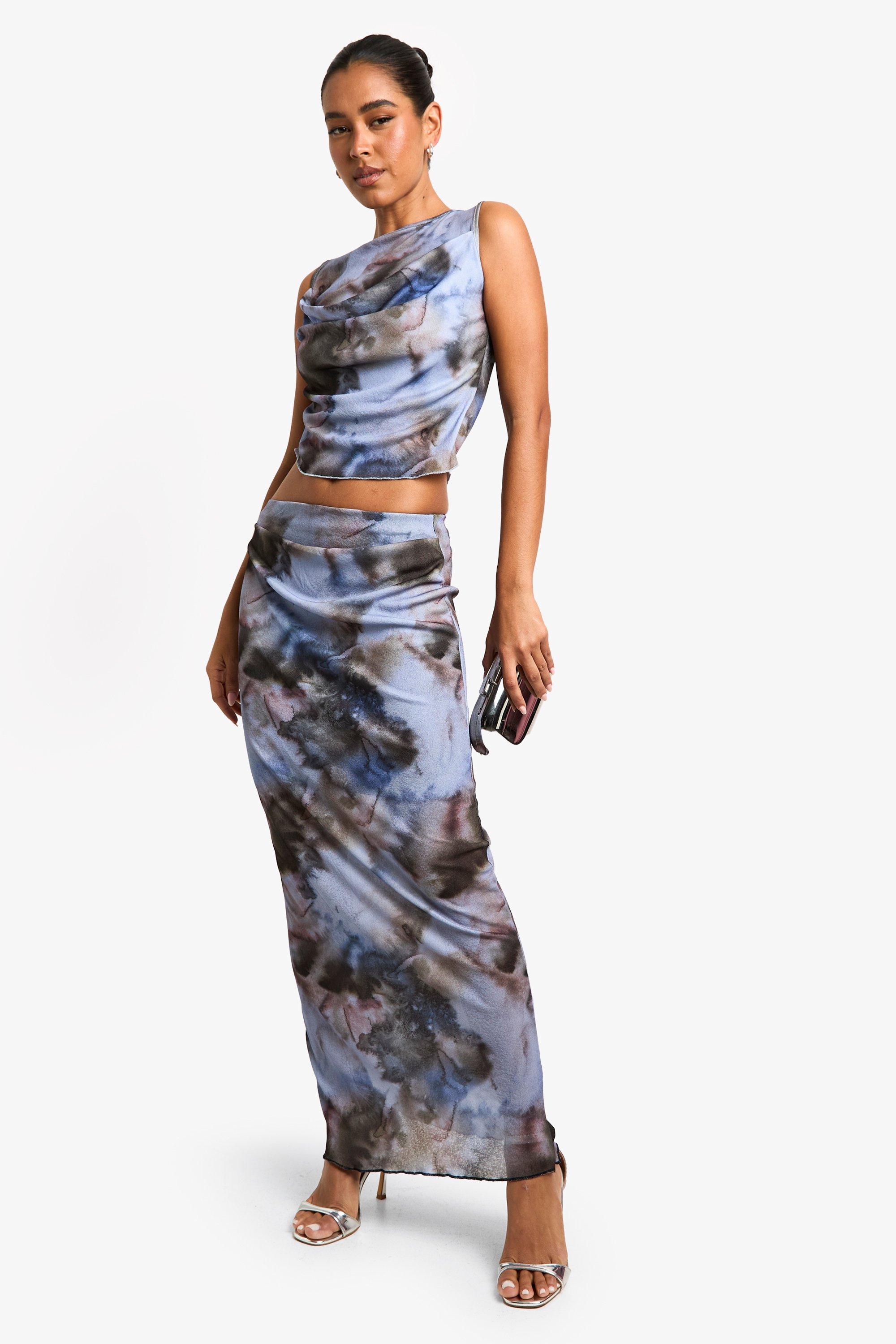 Boohoo Gedrapeerde Uienhuid Maxi Rok Met Print, Blue