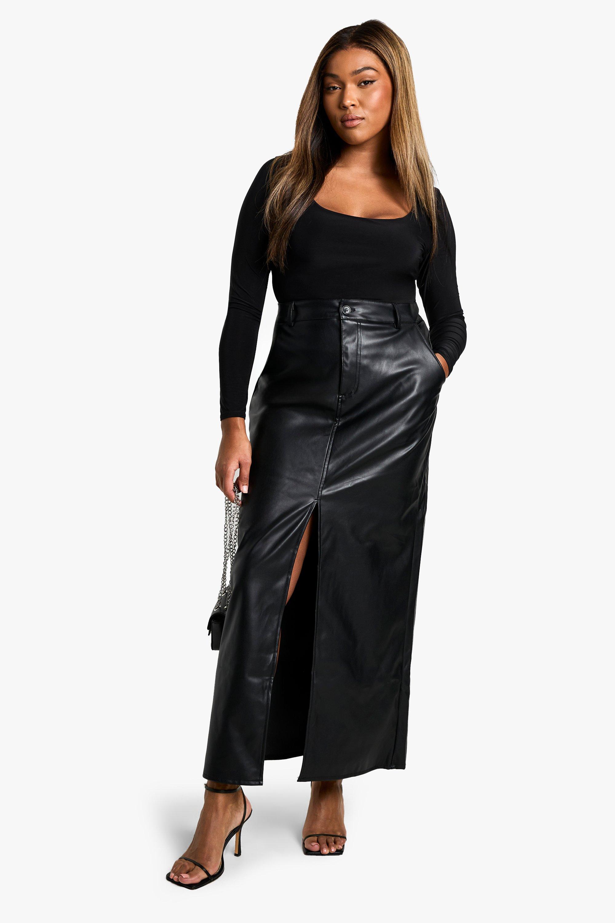 Boohoo Plus Pu Maxi Rok Met Split, Black