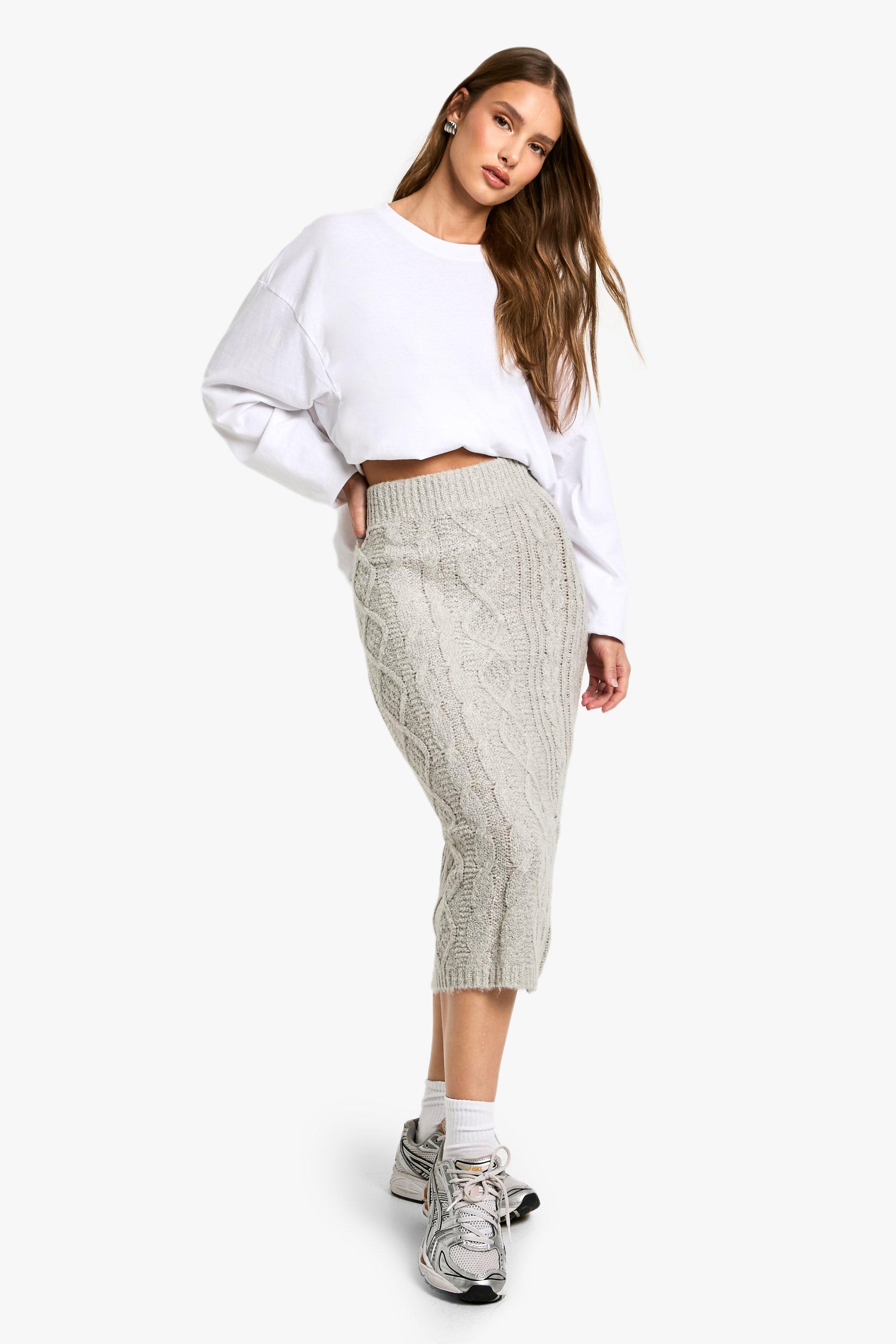 Boohoo Dikke Pluizige Grof Gebreide Maxi Rok, Oatmeal