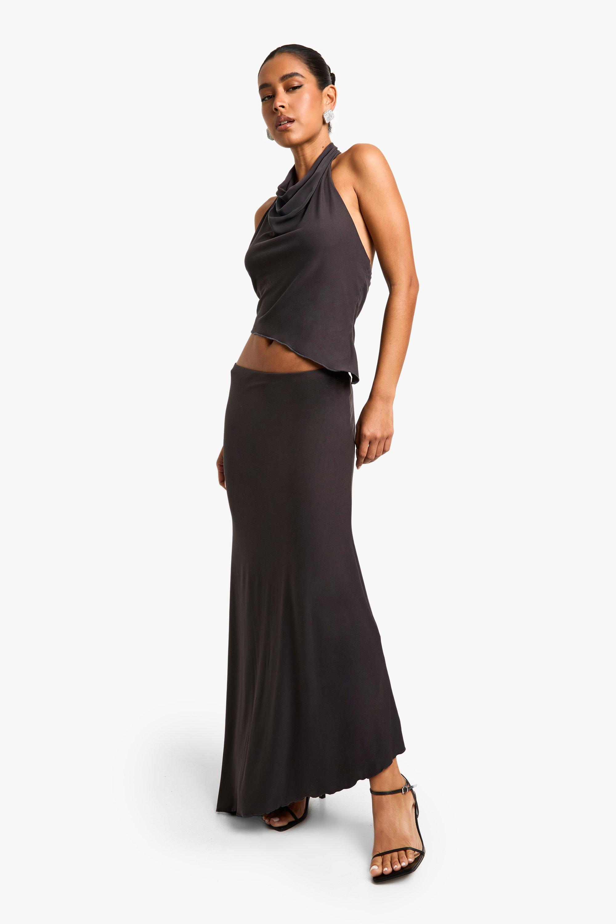 Boohoo Super Zachte Maxi Rok Met Lettuce Edge, Charcoal