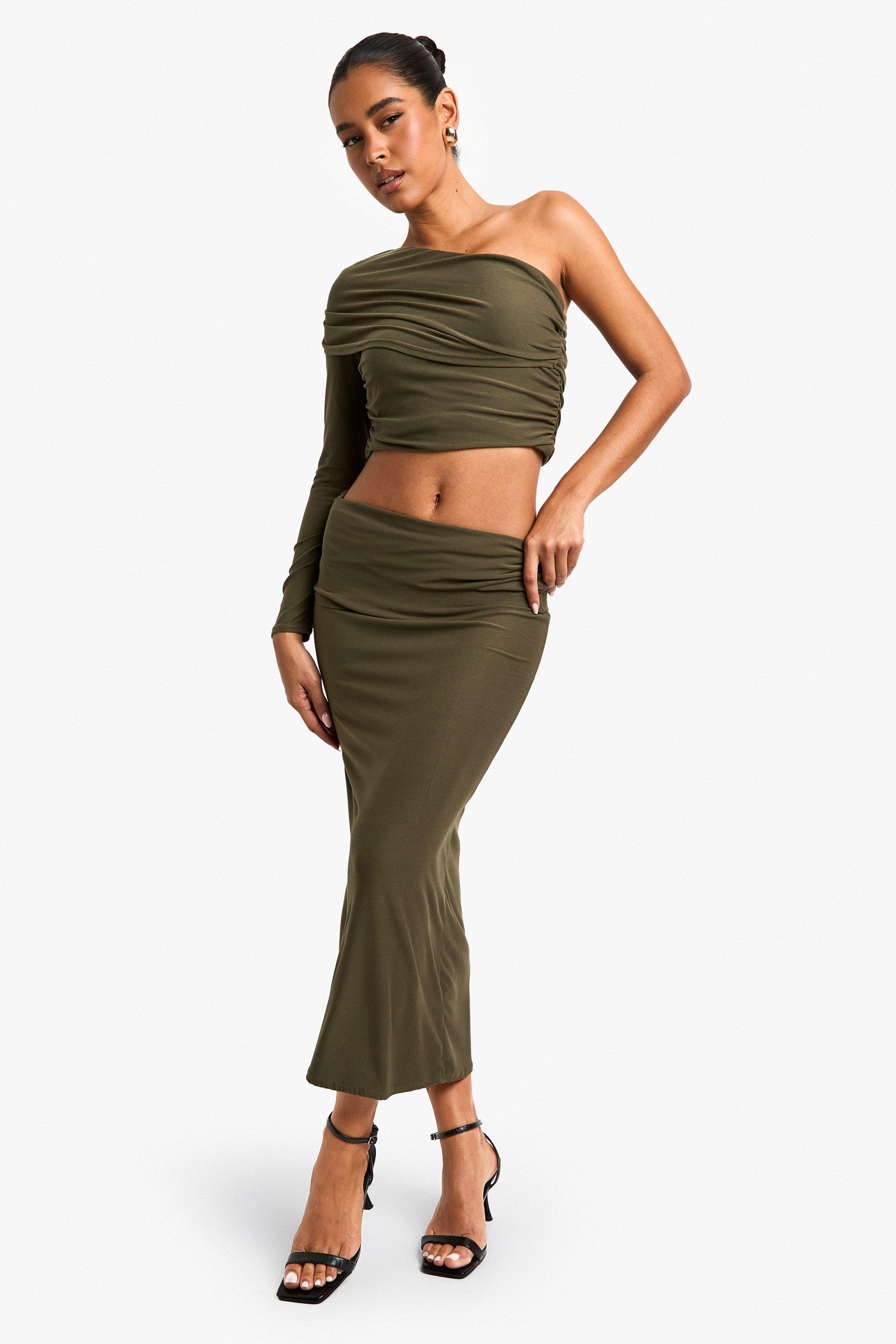 Boohoo Super Zachte Maxi Rok Met Geplooide Taille, Khaki