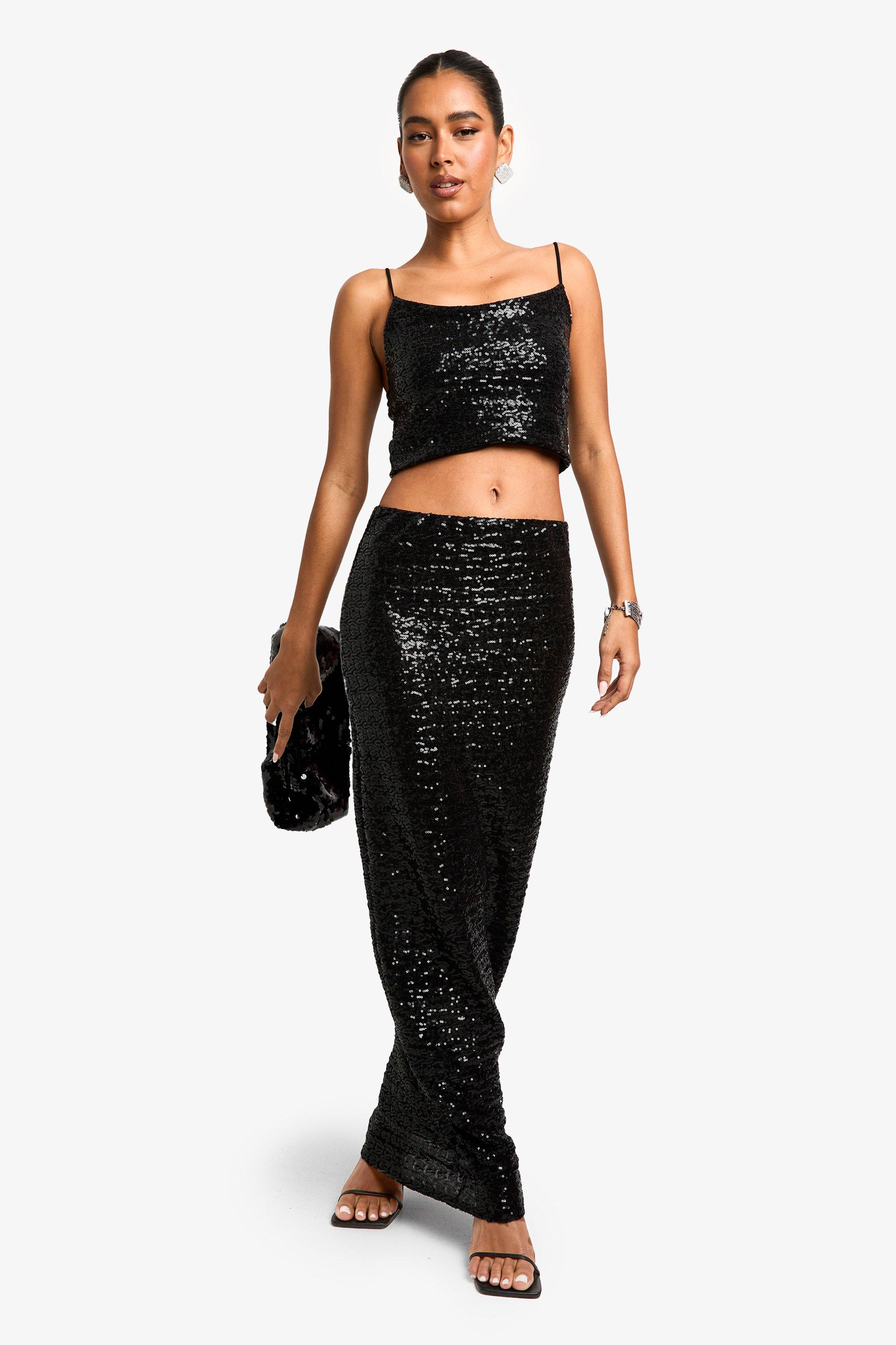 Boohoo Glitter Maxi Rok Met Pailletten Set, Black