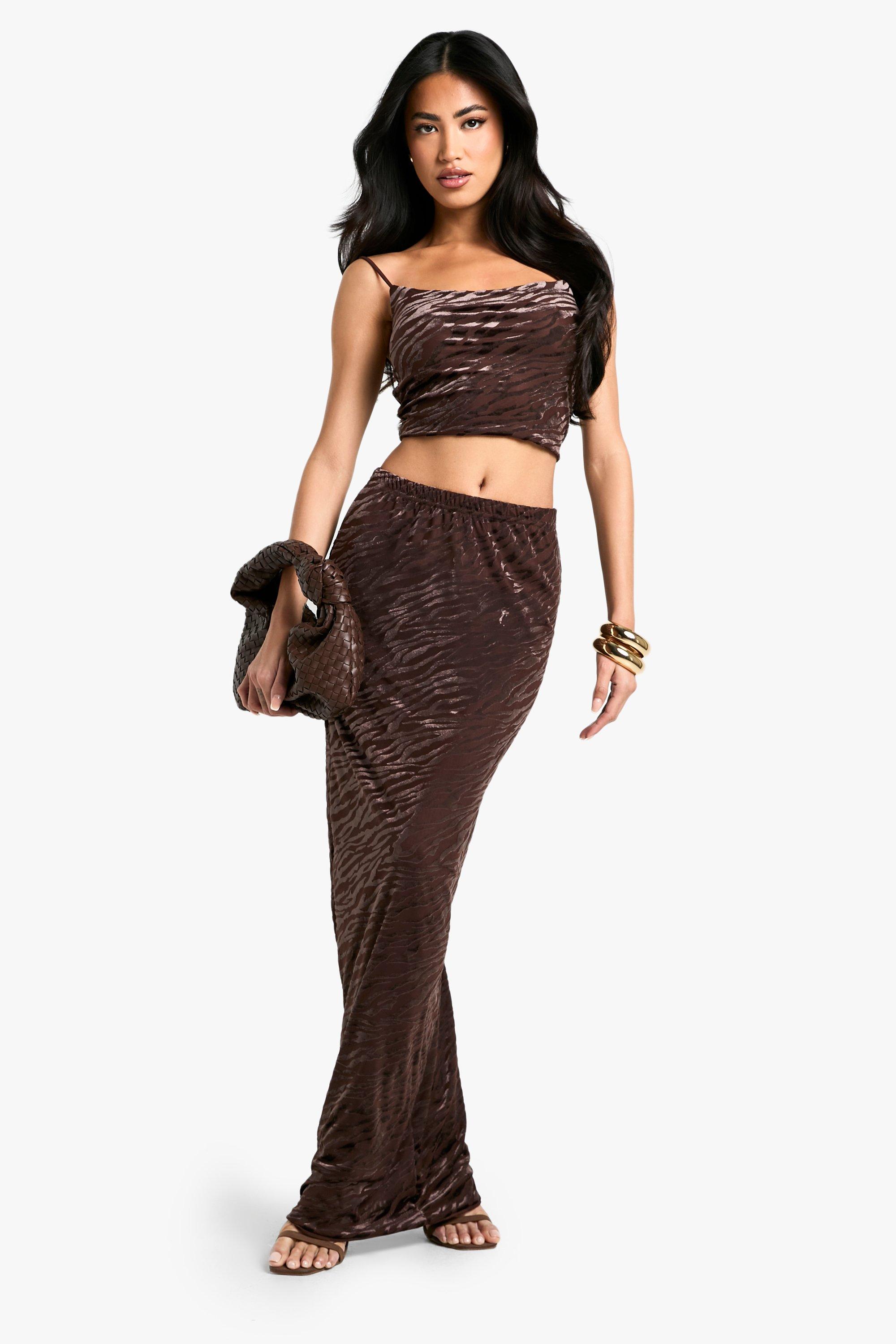 Boohoo Zebraprint Devore Maxi Rok, Chocolate