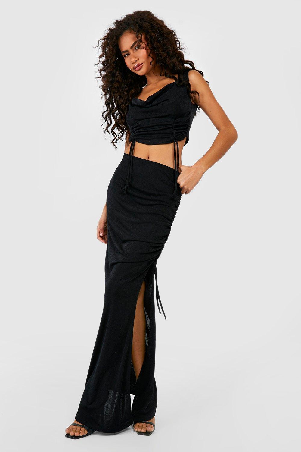 Boohoo Strakke Geplooide Maxi Rok Met Textuur En Hoge Split, Black