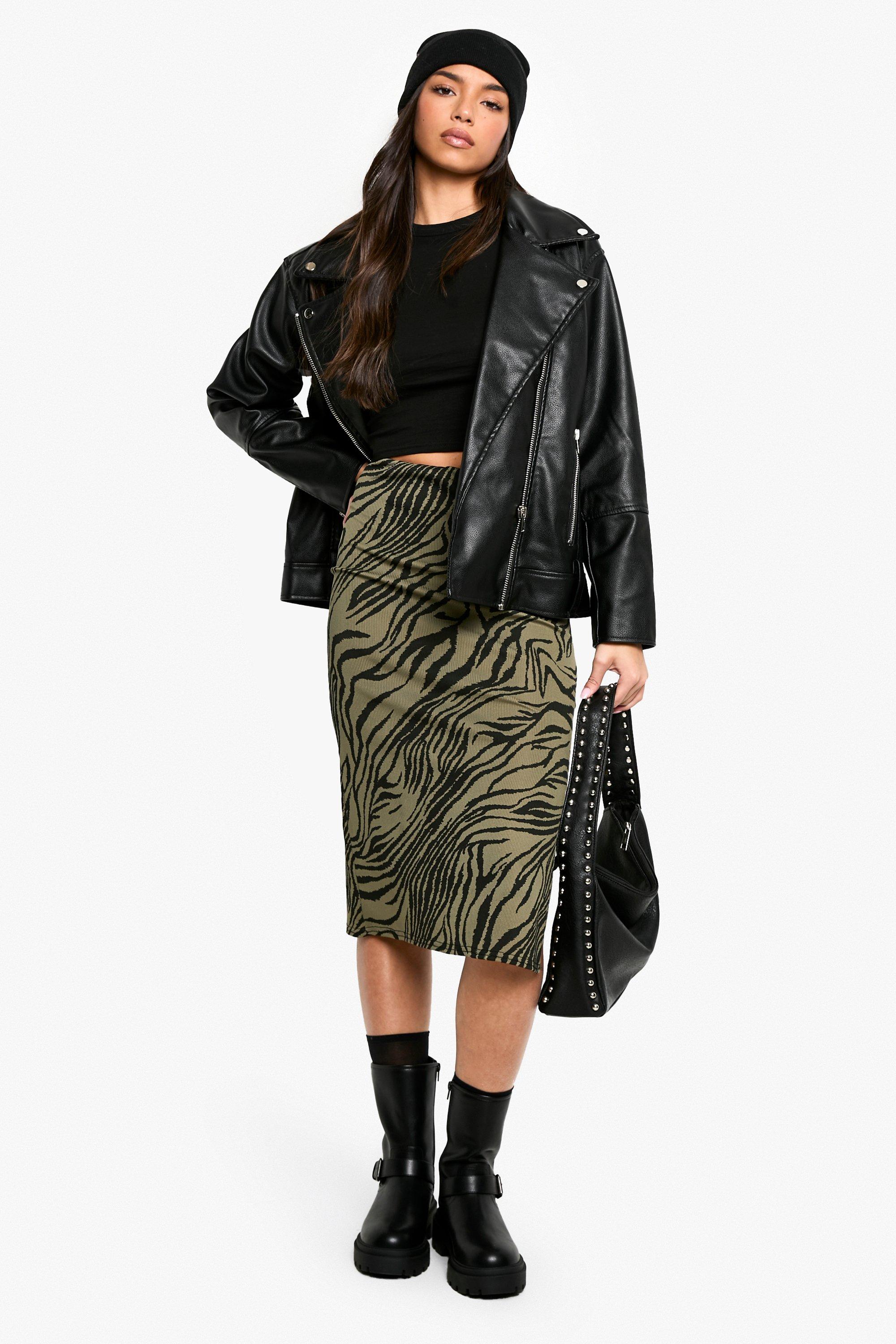 Boohoo Geribbelde Zebraprint Midi Rok Met Zijsplit, Khaki