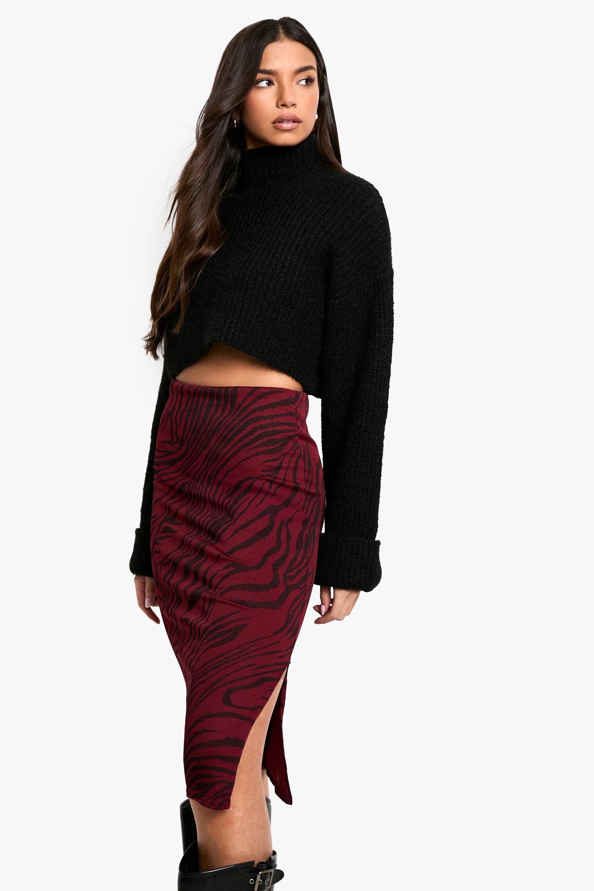 Boohoo Geribbelde Zebraprint Midi Rok Met Zijsplit, Berry