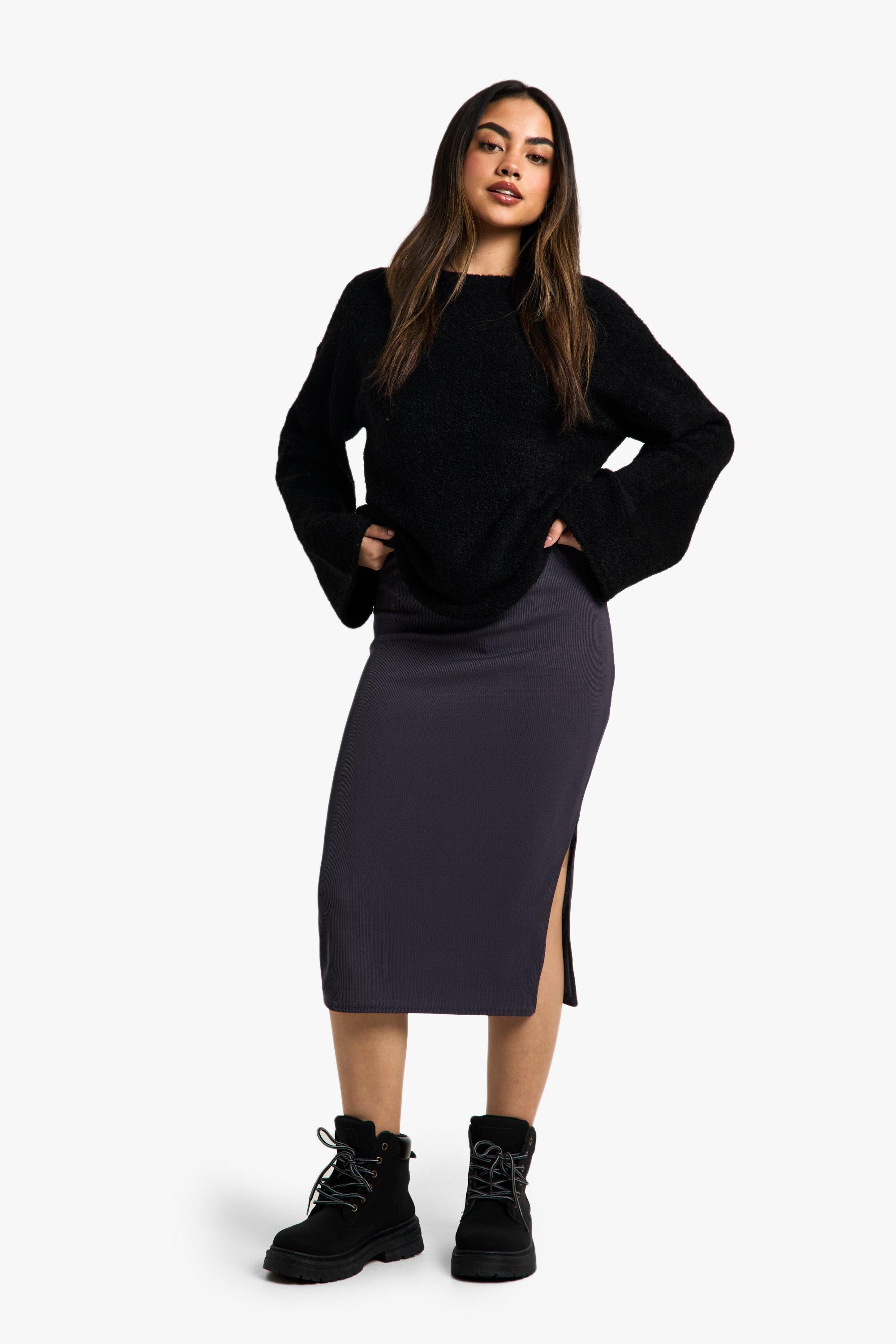 Boohoo Geribbelde Midi Rok Met Zijsplit, Charcoal