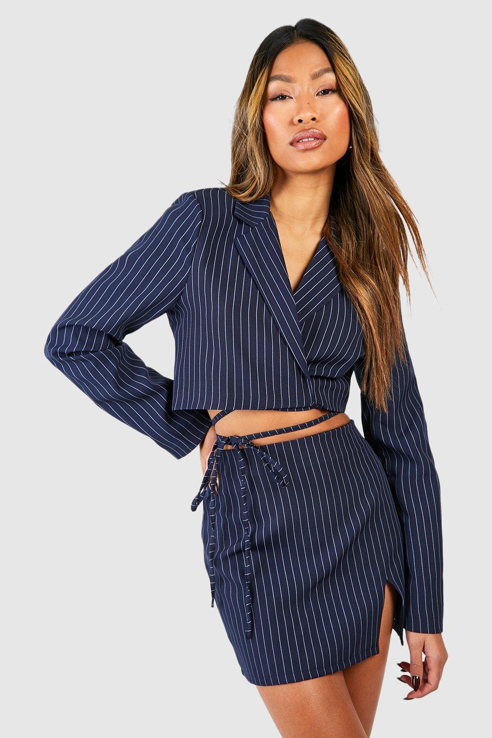 Boohoo Micro Mini Rokje Met Krijtstrepen En Split, Navy