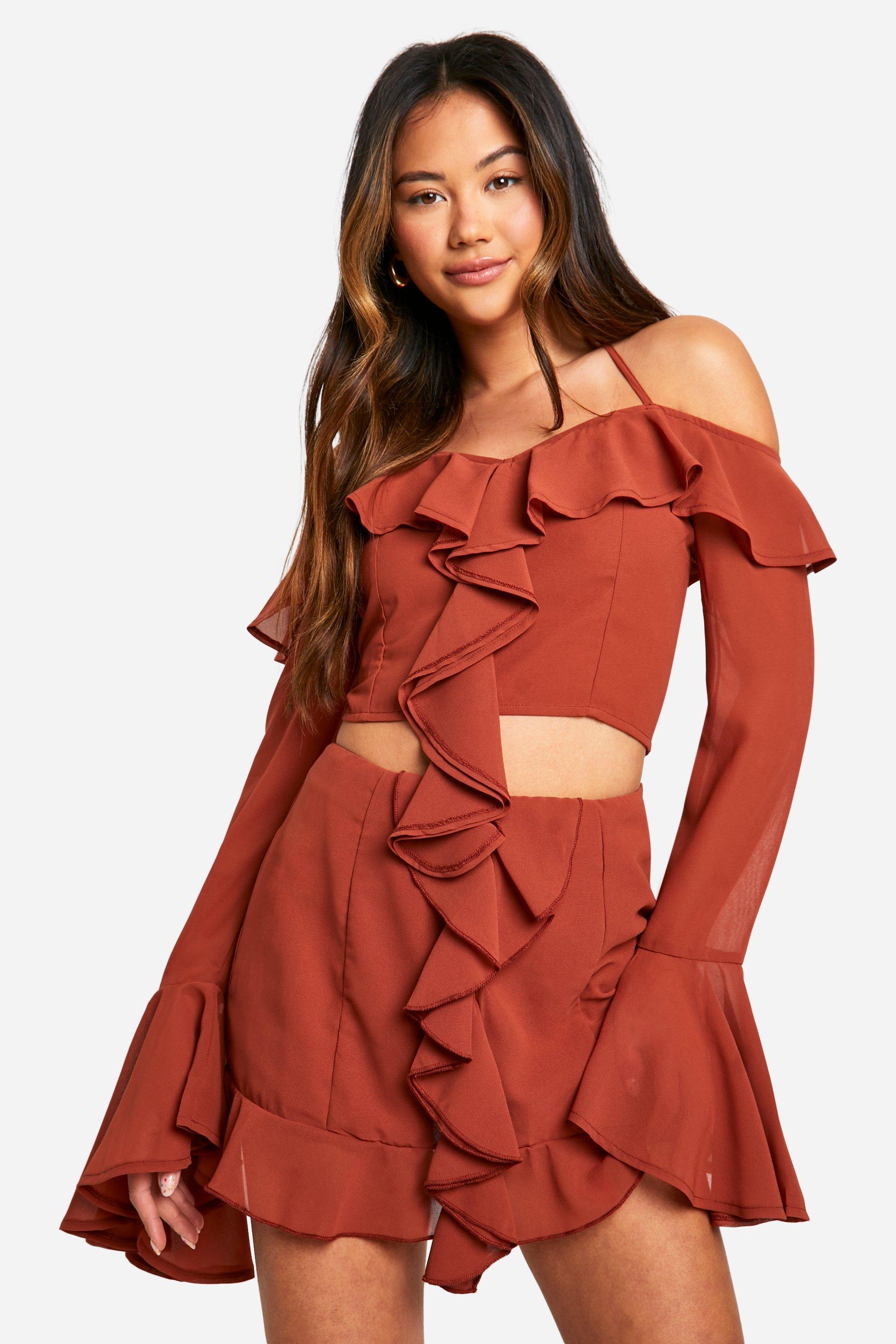 Boohoo Chiffon Mini Rokje Met Ruches, Rust