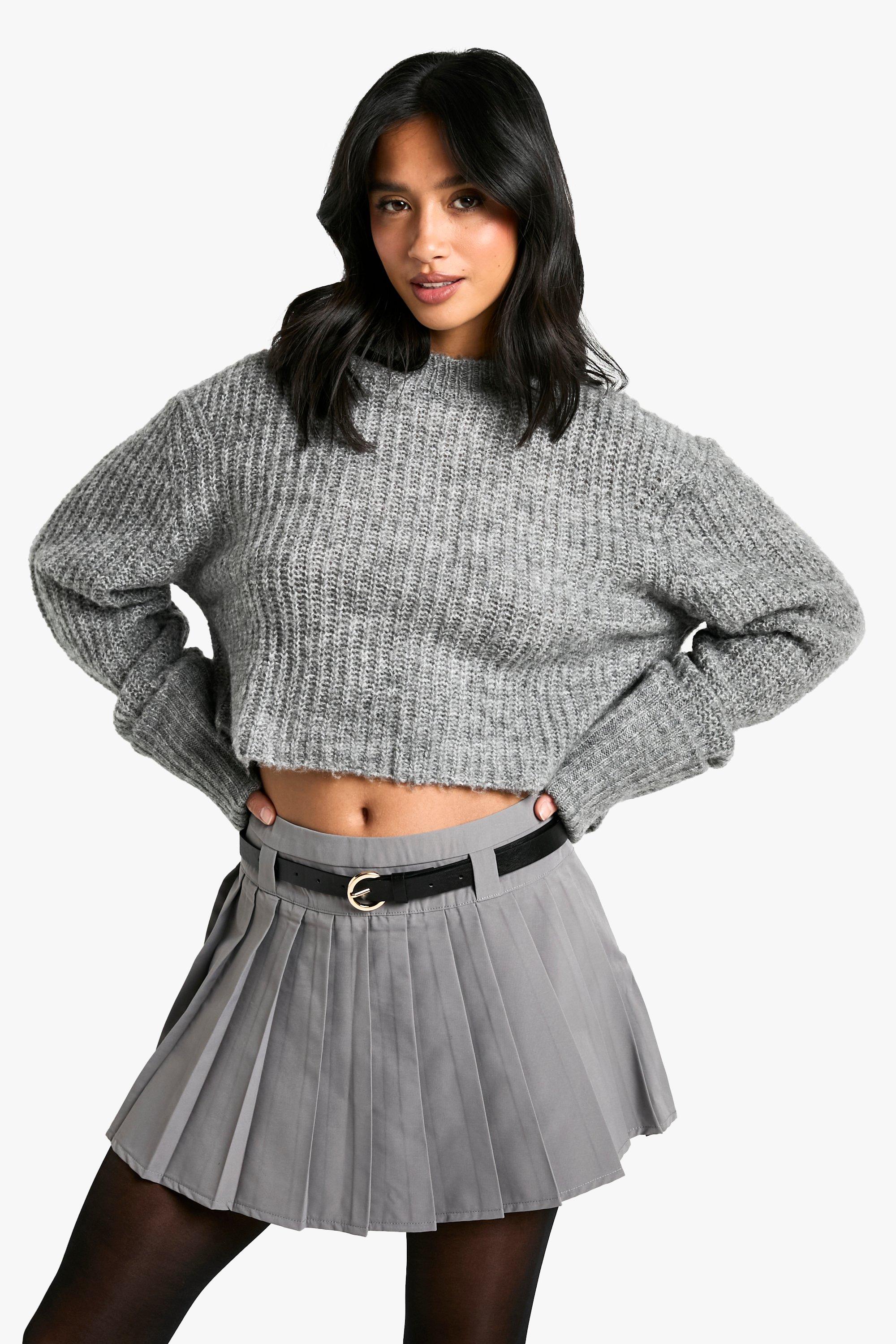 Boohoo Petite Geplooid Geweven Mini Rokje Met Ceintuur, Grey