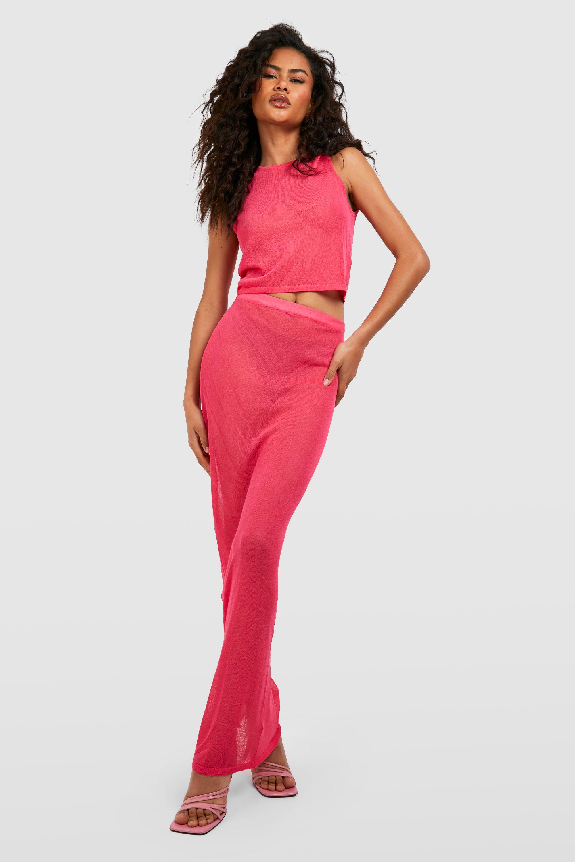 Boohoo Doorschijnende Fijn Gebreide Crop Top En Maxi Rok Set, Hot Pink