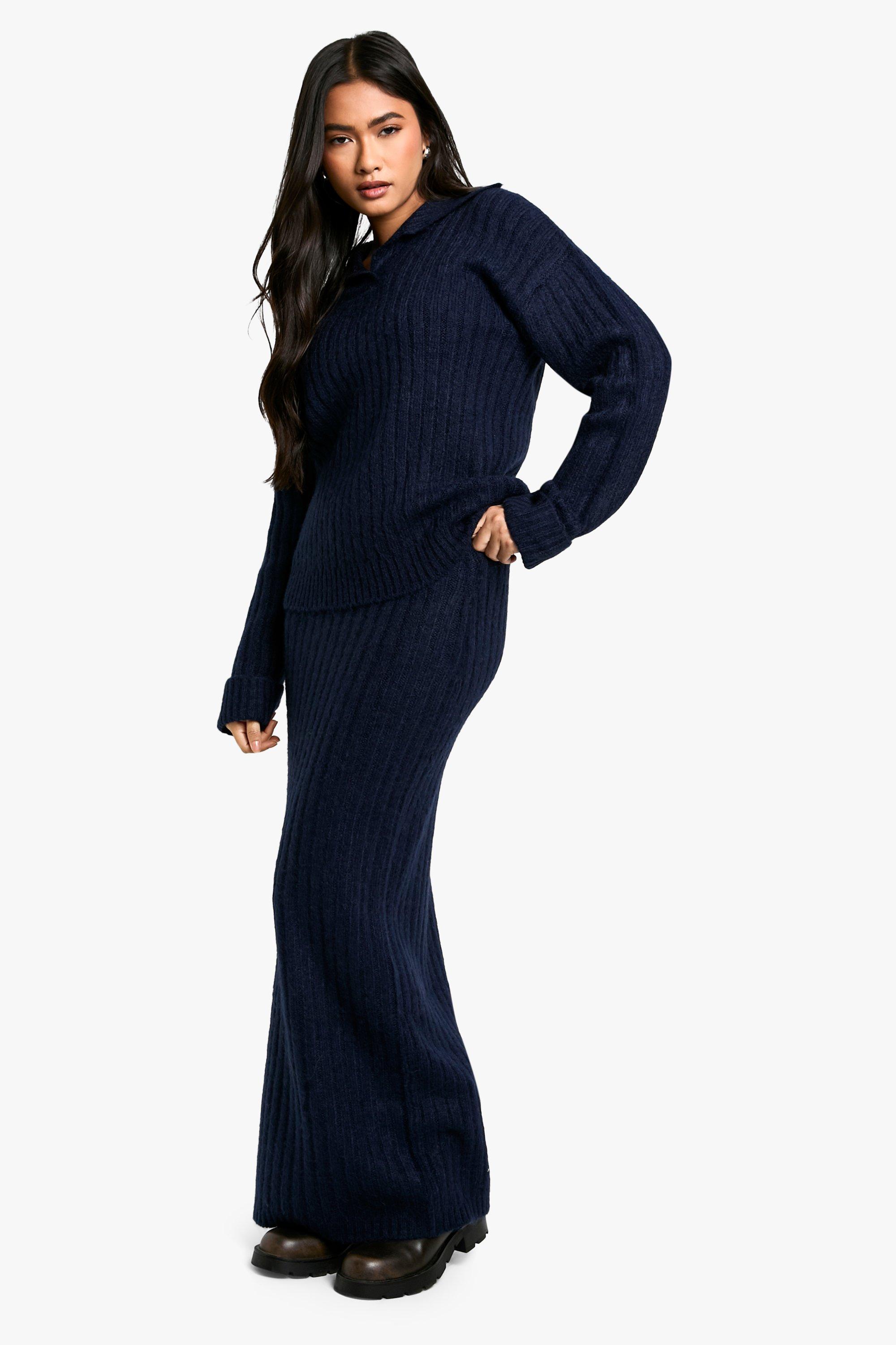 Boohoo Zachte Gebreide Trui Met Dikke Geribbelde Kraag En Maxi Rok Set, Navy