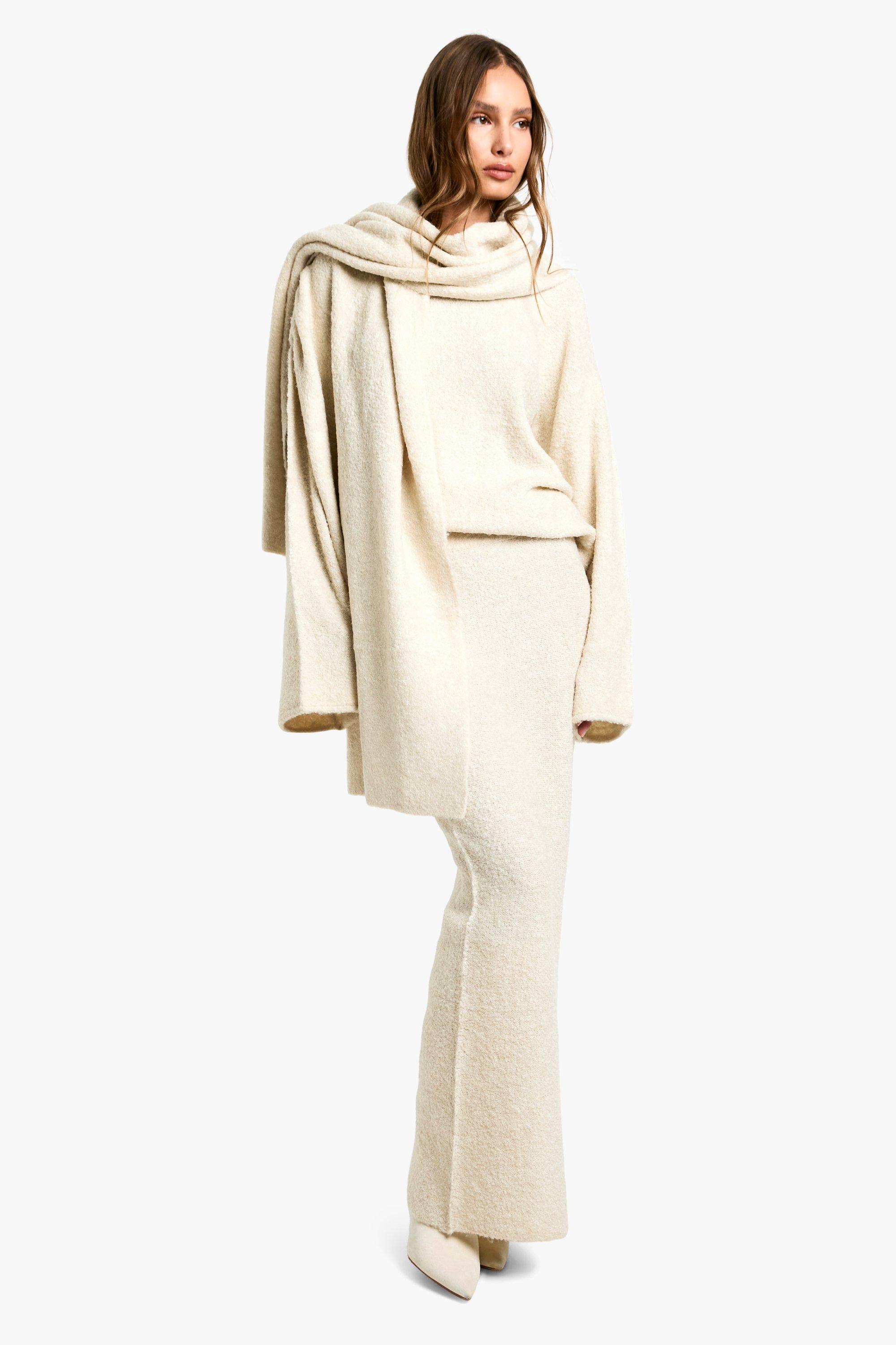 Boohoo Driedelige Oversized Nepwollen Gebreide Trui, Maxi Rok En Sjaal Set, Cream