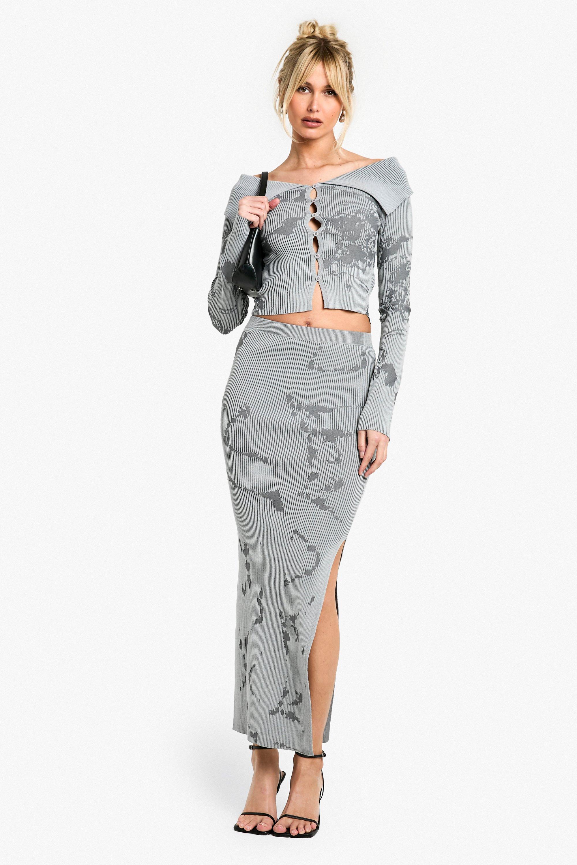 Boohoo Gebreide Abstracte Bloemen Set Met Rok, Grey