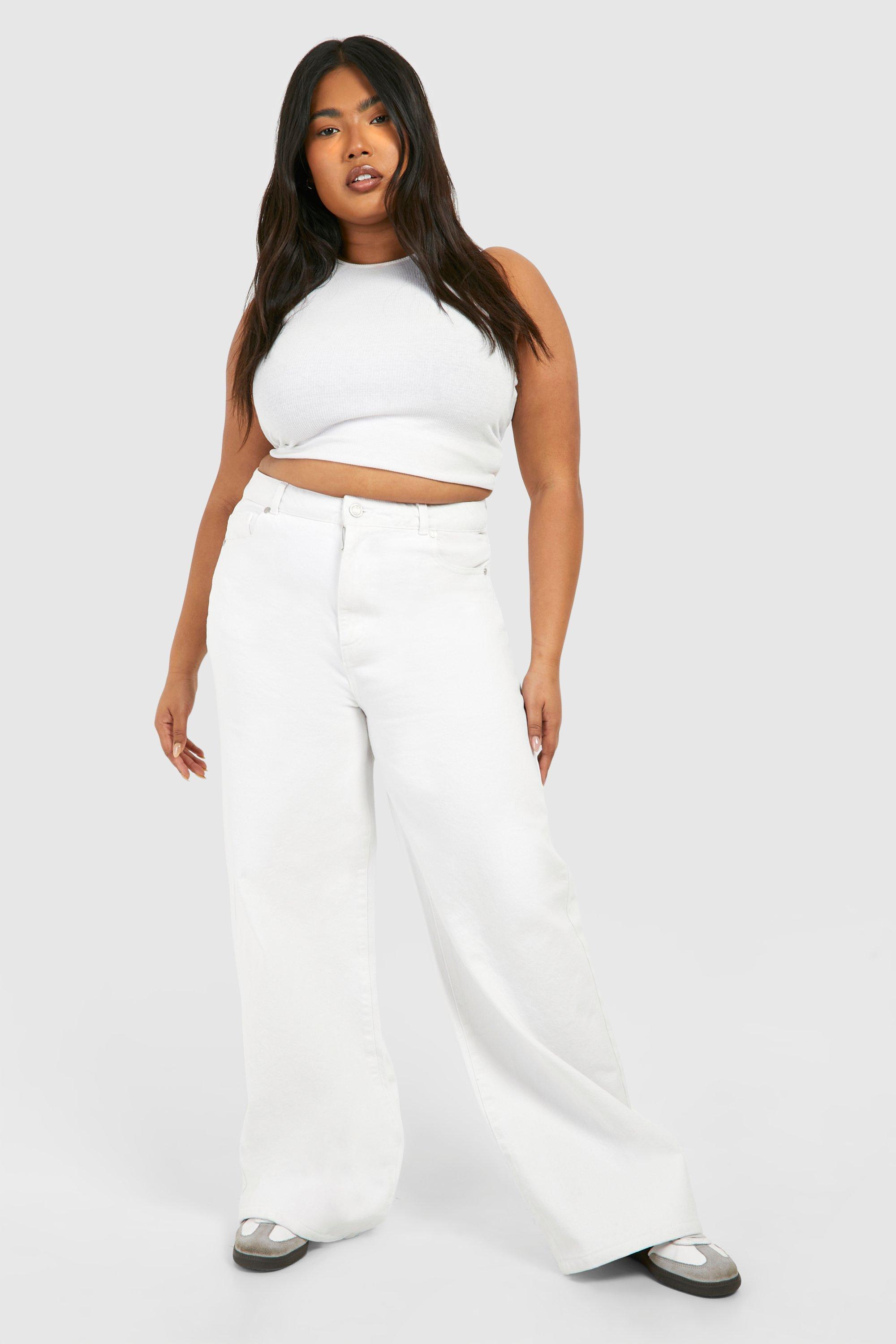 Boohoo Plus Basic High Waist Super Wide Leg Jeans, White