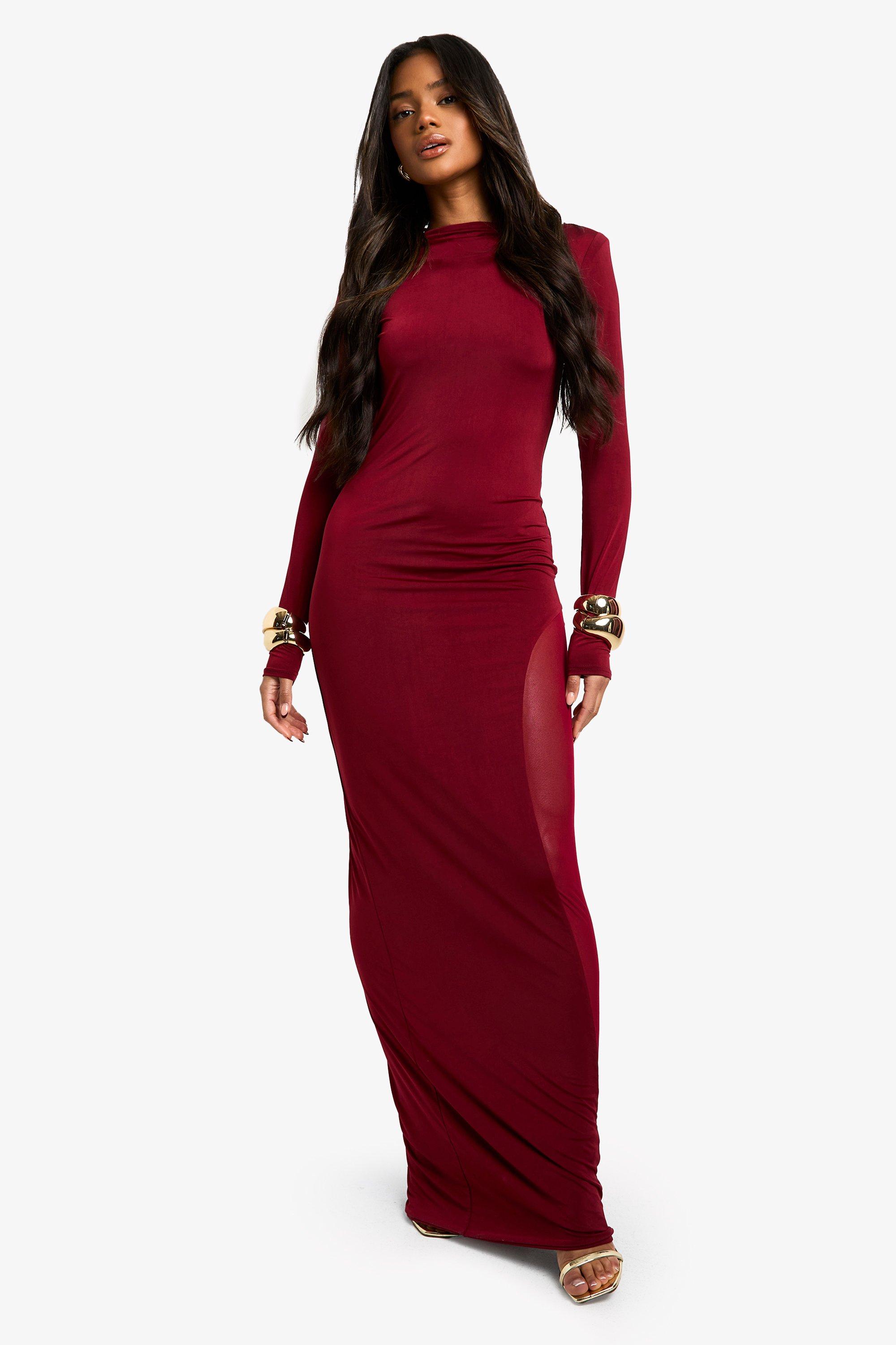 Boohoo Slinky Mesh Detail Long Sleeve Maxi Dress, Plum