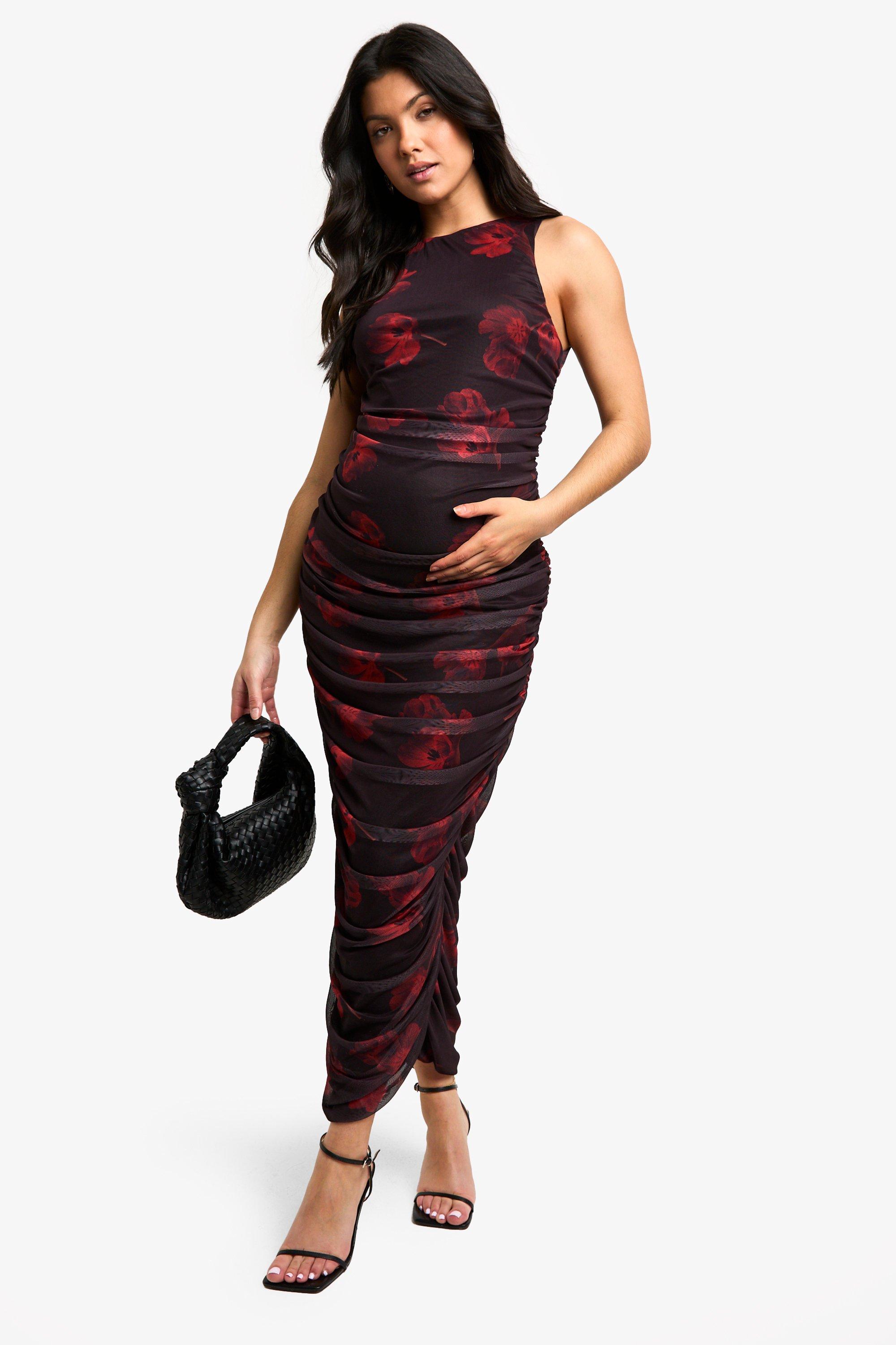 Boohoo Maternity Floral Print Mesh Racer Neck Ruched Midaxi Dress, Brown