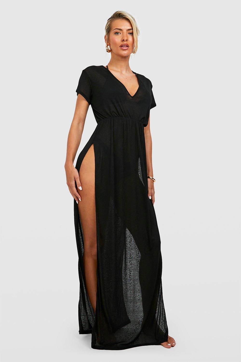 Boohoo Doorschijnende Maxi Strand Jurk Met Textuur En Split, Black