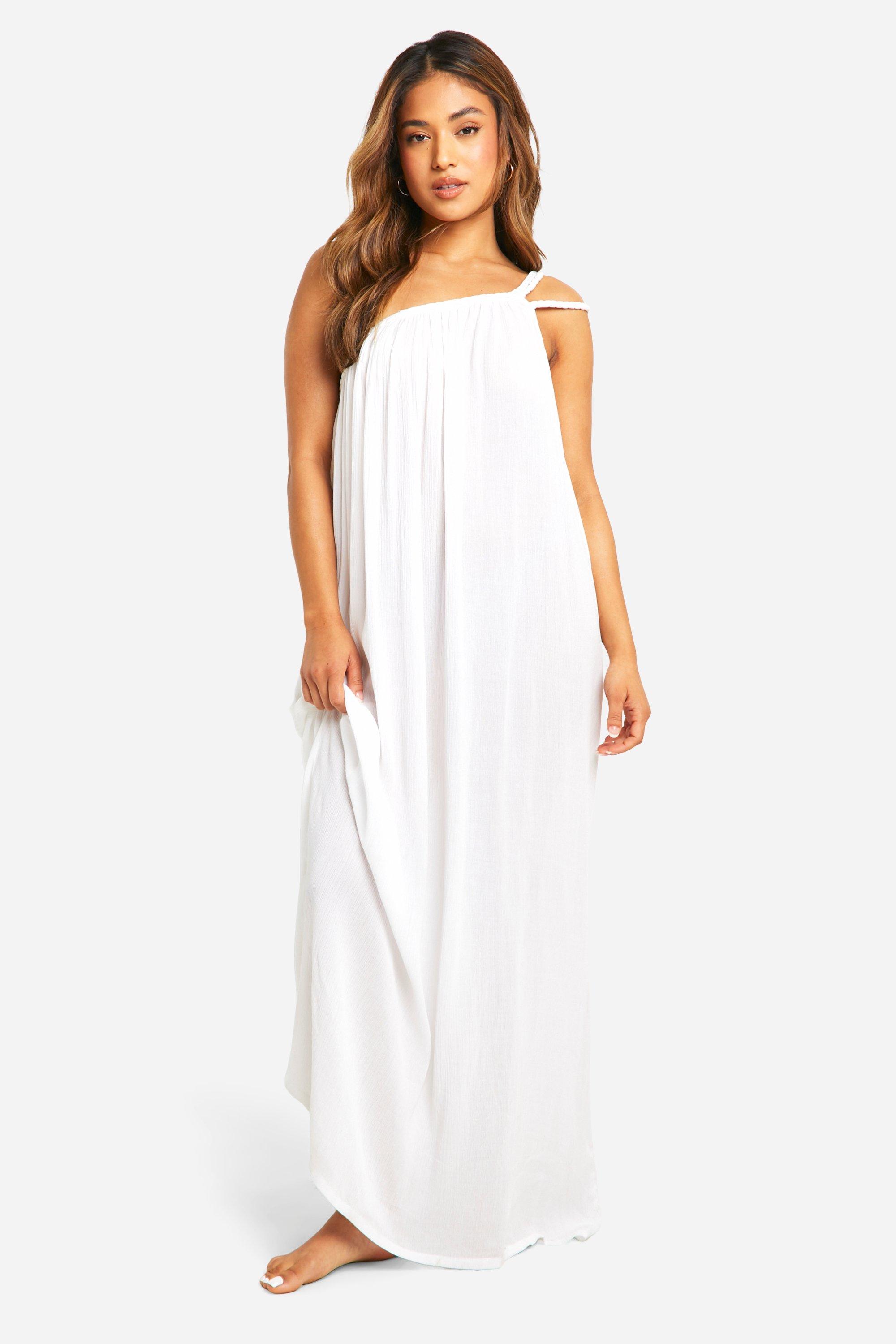 Boohoo Petite Maxi Strand Jurk Met Geplooide Zoom, White