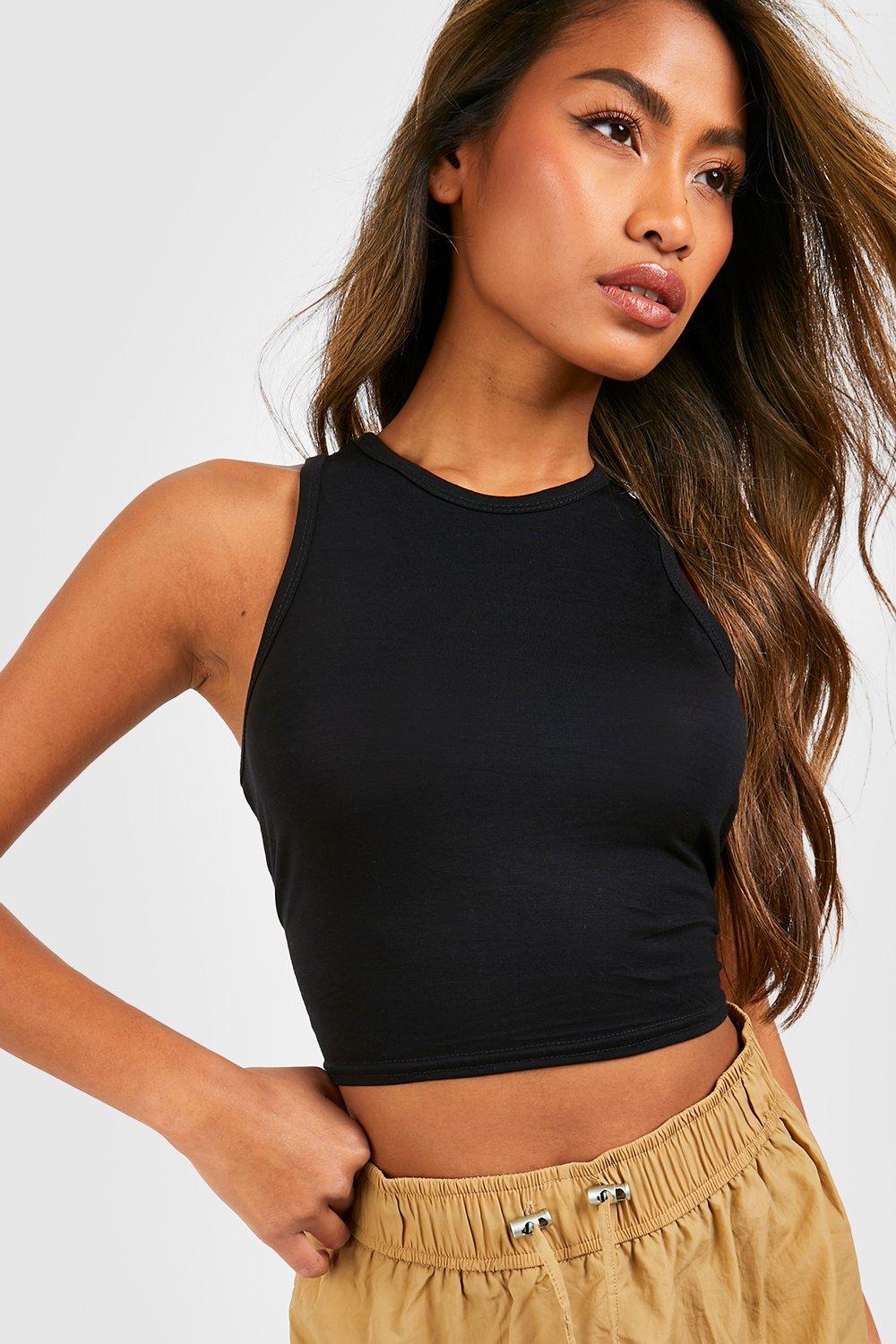 Boohoo Crop Top Met Racer Hals, Black