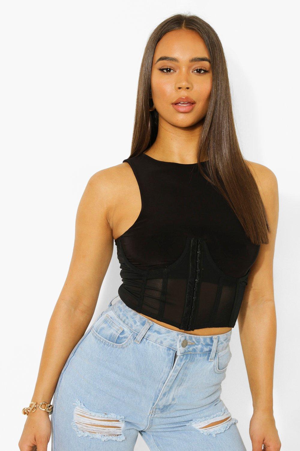 Boohoo Korset Top Met Mesh Underbuste Detail, Black