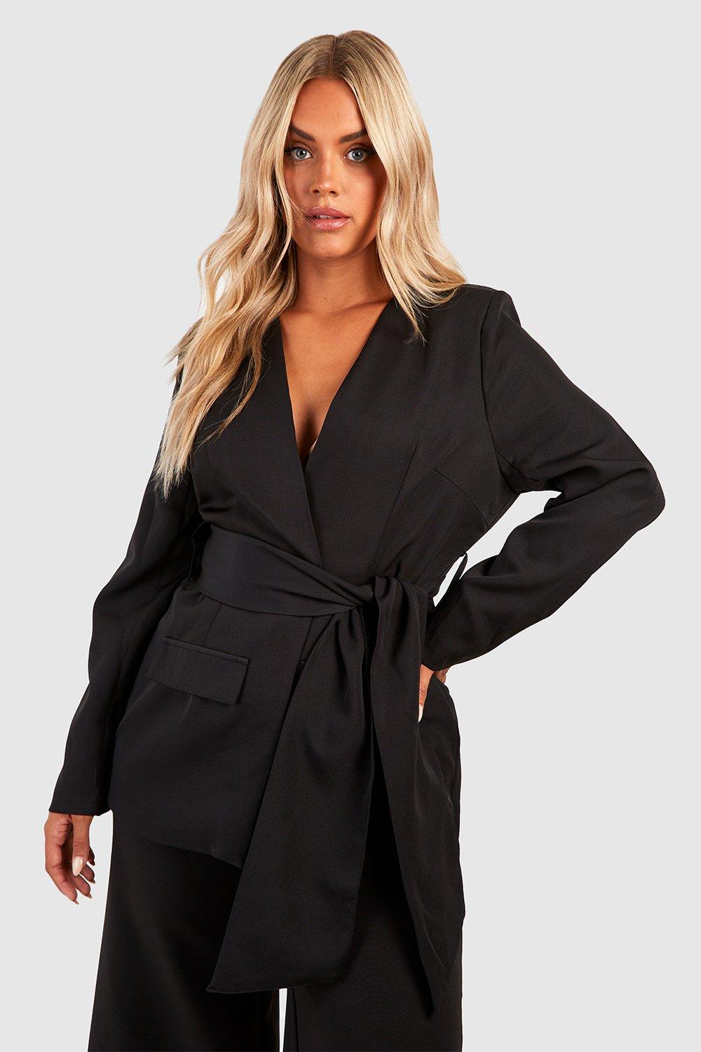 Boohoo Plus Geweven Blazer Met Ceintuur En Zakken, Black