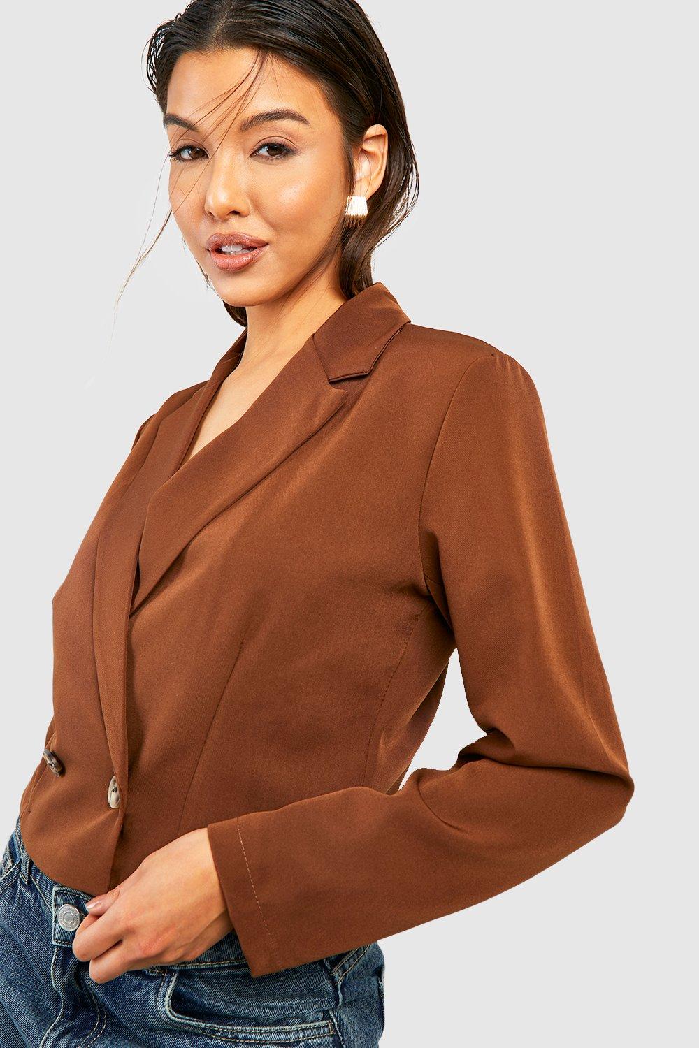 Boohoo Korte Basic Long Line Blazer Met Dubbele Knopen, Chocolate