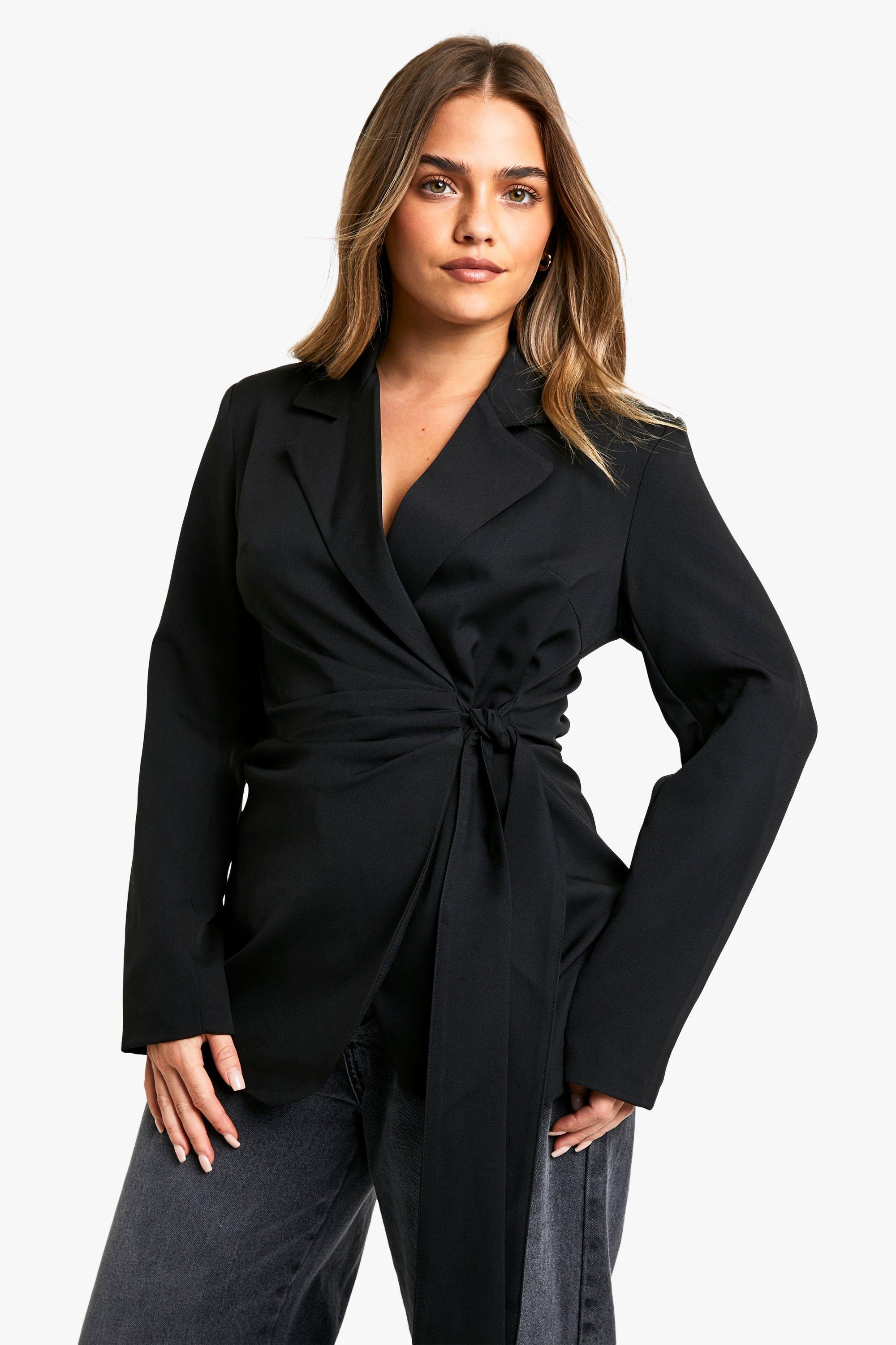 Boohoo Petite Geweven Wikkel Blazer Met Strik, Black