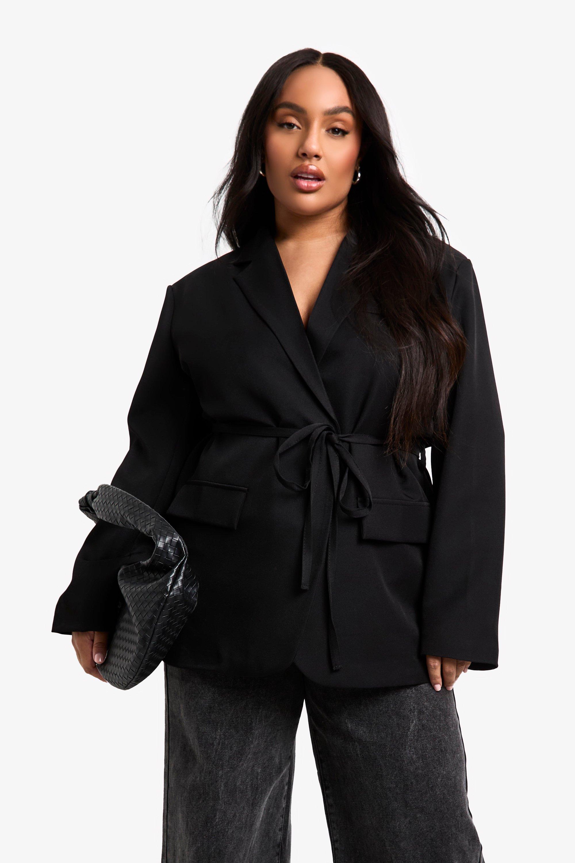 Boohoo Plus Baggy Mergel Blazer Met Ceintuur, Black