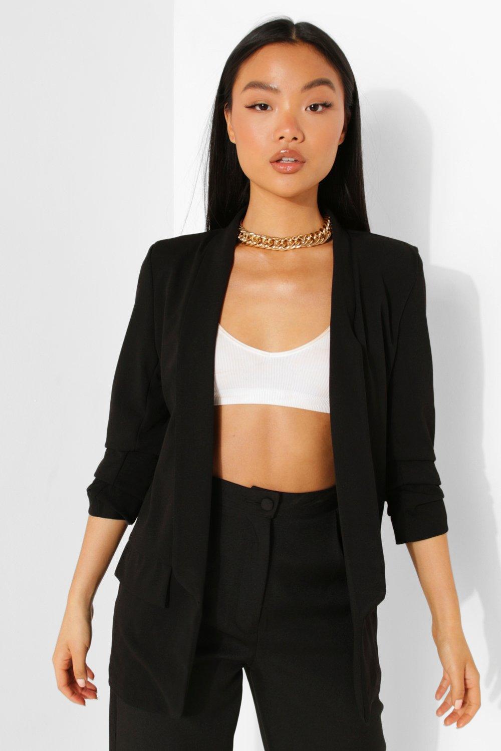 Boohoo Petite Blazer Met Geplooide Mouwen, Black