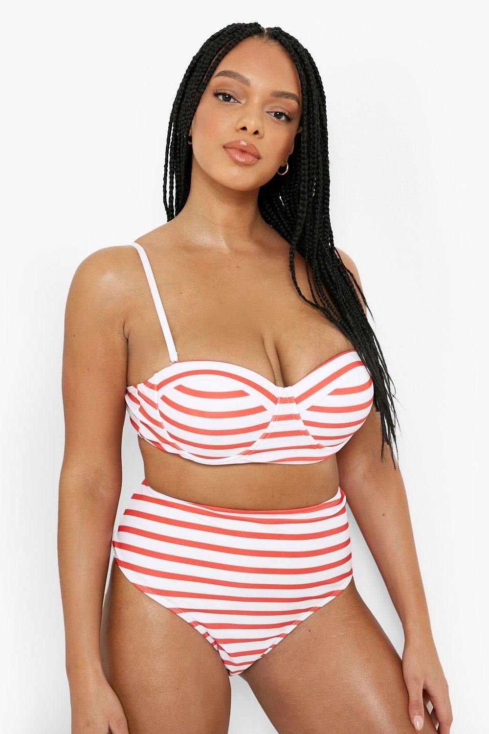 Boohoo Plus Nautisch Gestreept Bikini Broekje Met Hoge Taille, Red