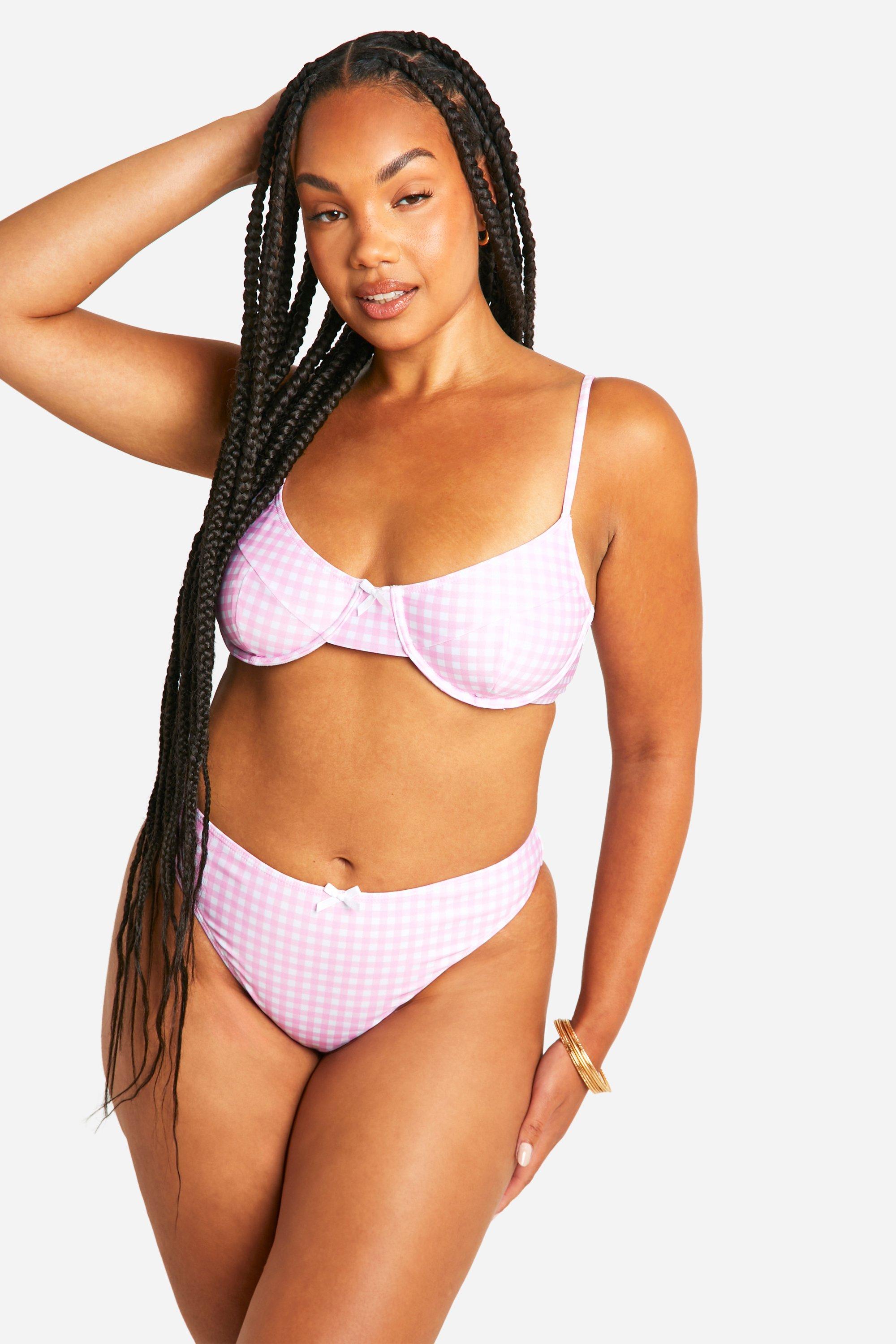 Boohoo Plus Gingham Bikini Broekje Met Hoge Taille, Pink