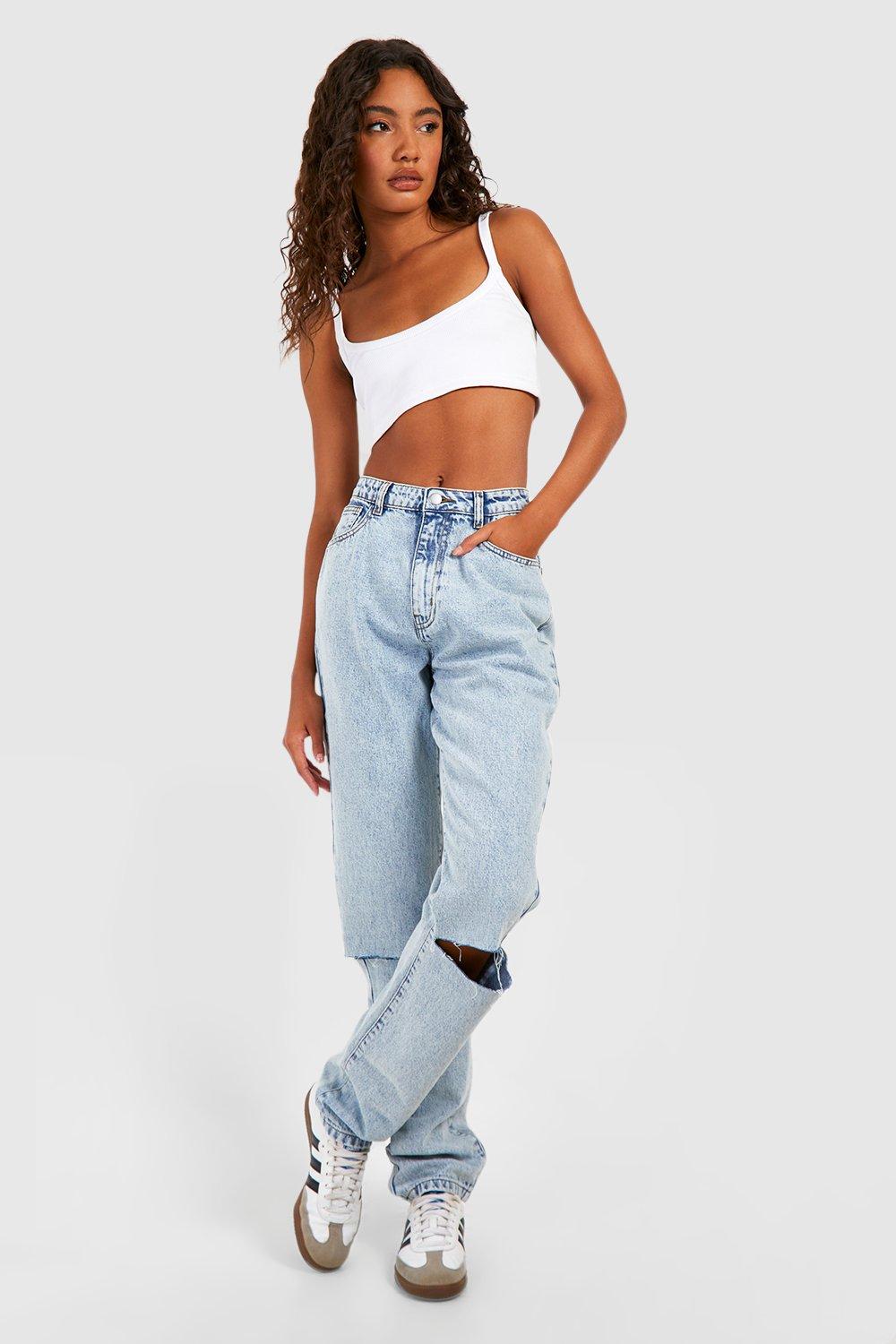 Boohoo Tall Slim Fit Jeans Met Rechte Pijpen En Gescheurde Knieën, Acid Wash Light Blue