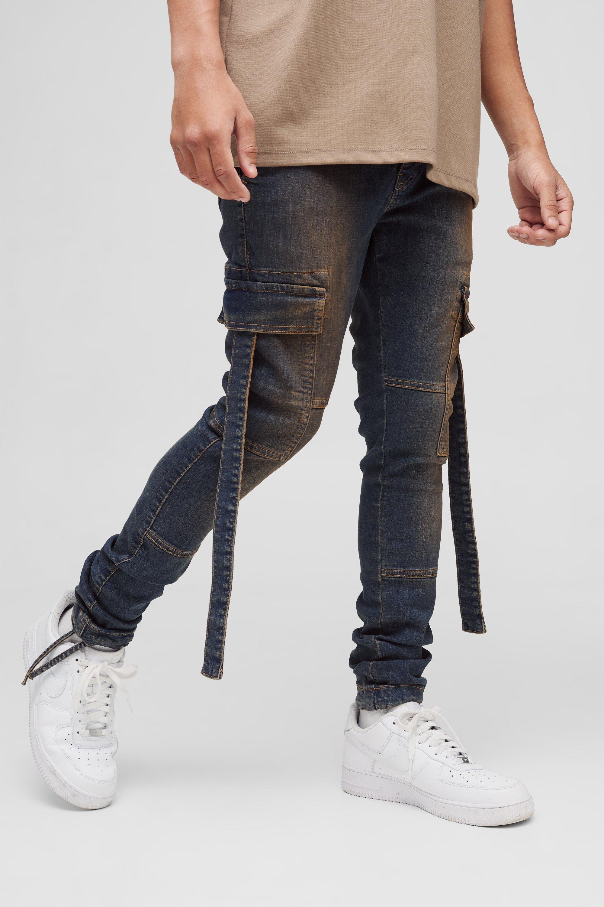 Boohoo Gebleekte Super Skinny Stretch Cargo Jeans Met Bandjes, Vintage Wash