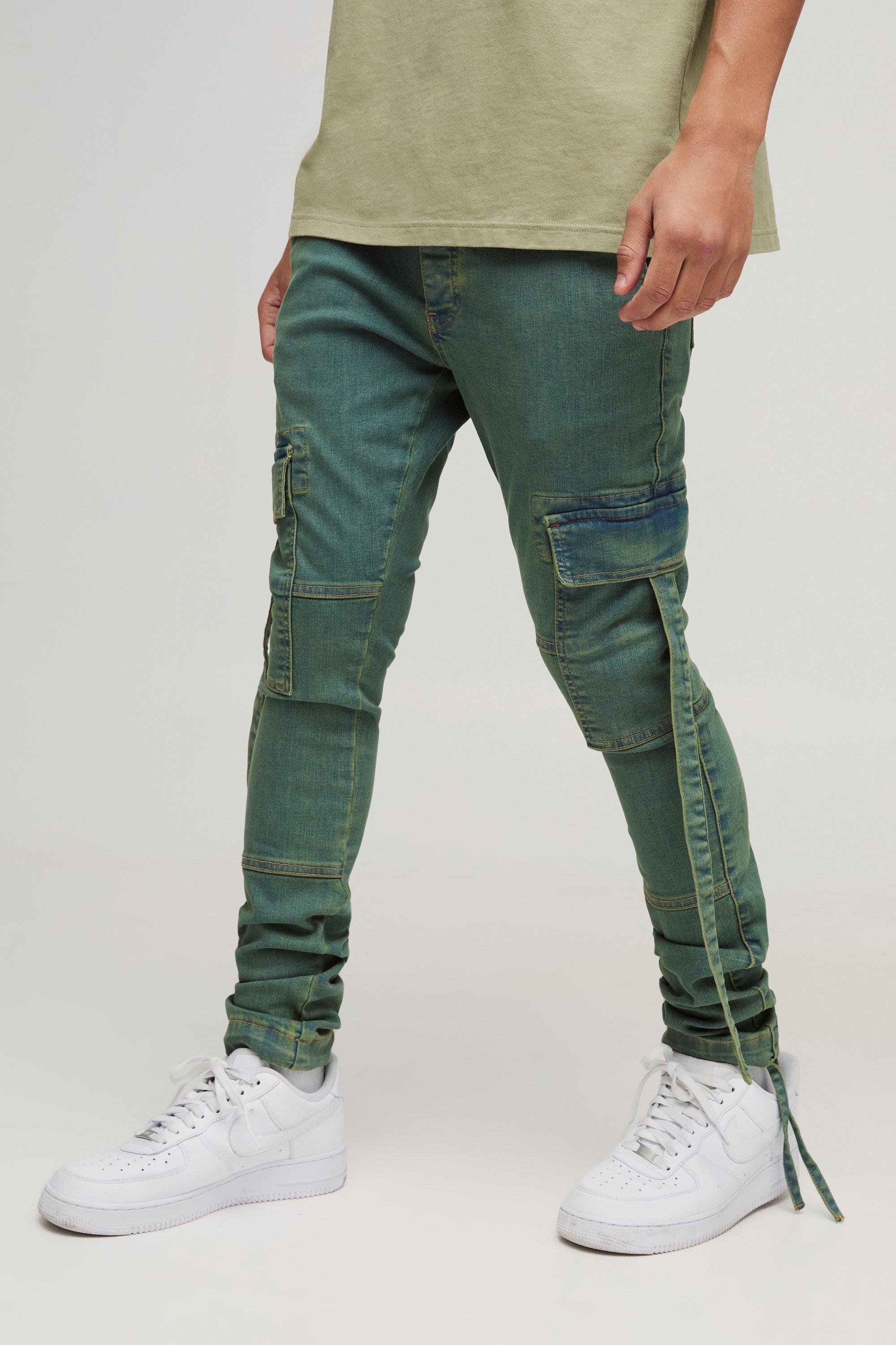 Boohoo Paarse Gebleekte Stretch Cargo Super Skinny Jeans Met Bandjes, Green