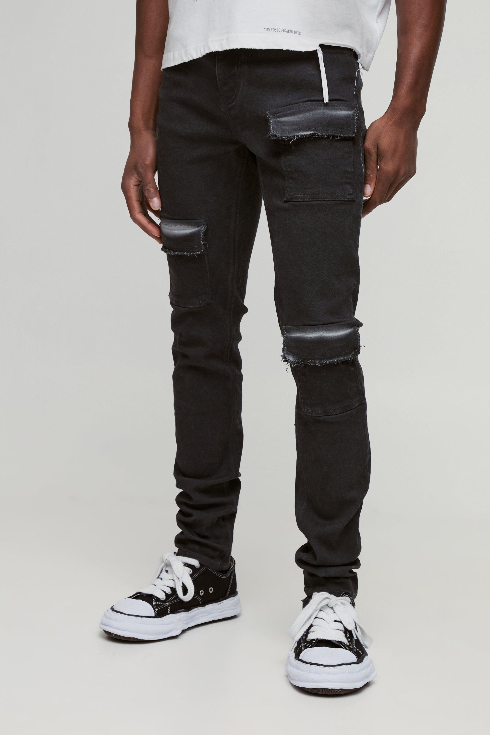 Boohoo Stretch Stacked Oil Washed Skinny Jeans Met Cargo Zakken, Washed Black