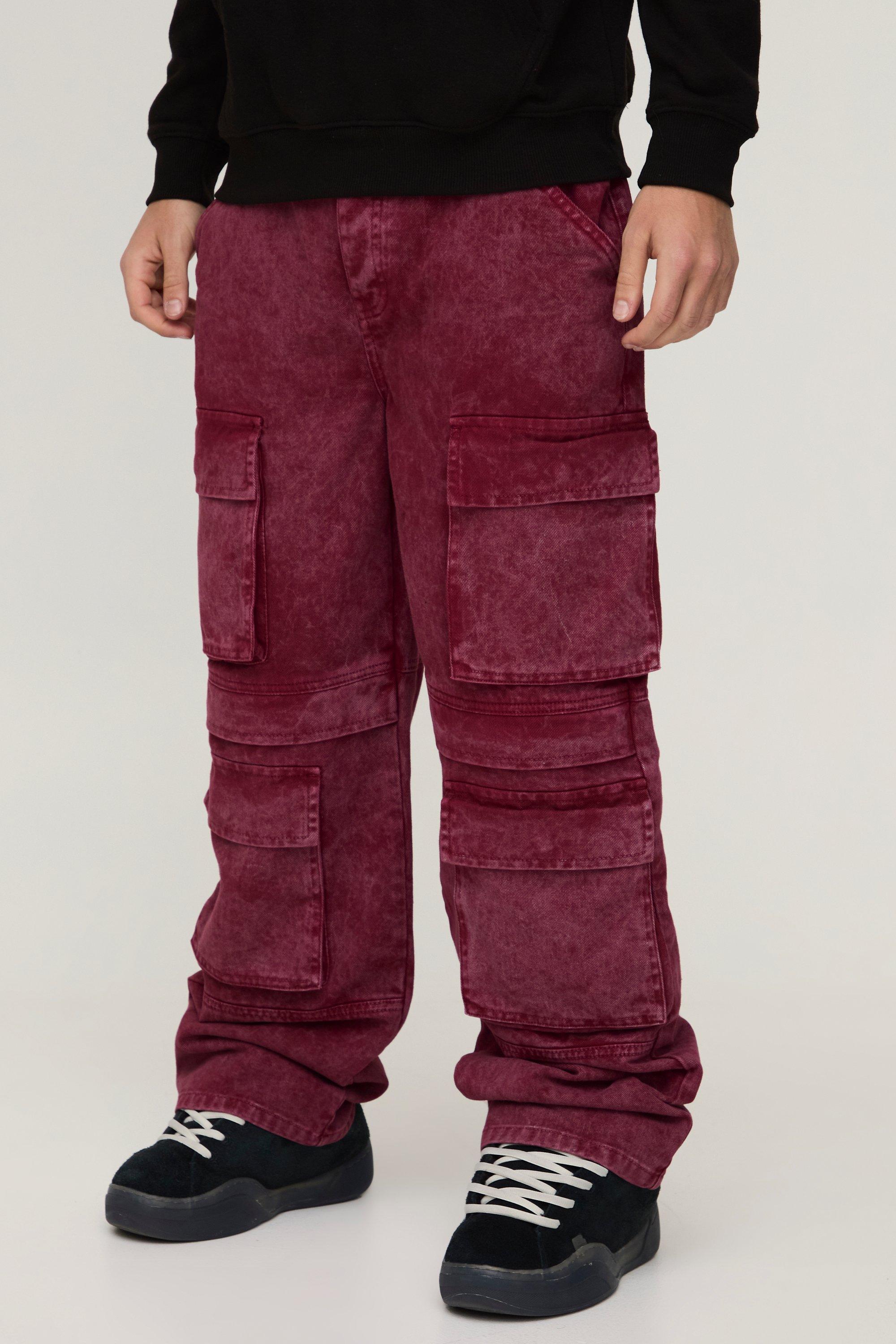 Boohoo Onbewerkte Baggy Acid Wash Gebleekte Cargo Jeans Met Zakken, Burgundy