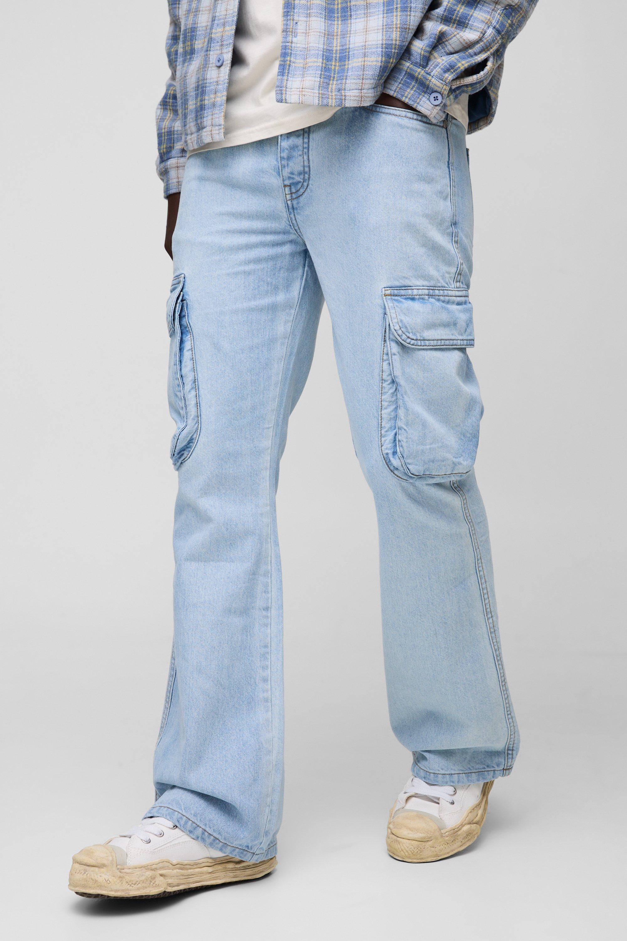 Boohoo Onbewerkte Baggy Cargo Jeans Met Wijde Pijpen, Light Blue