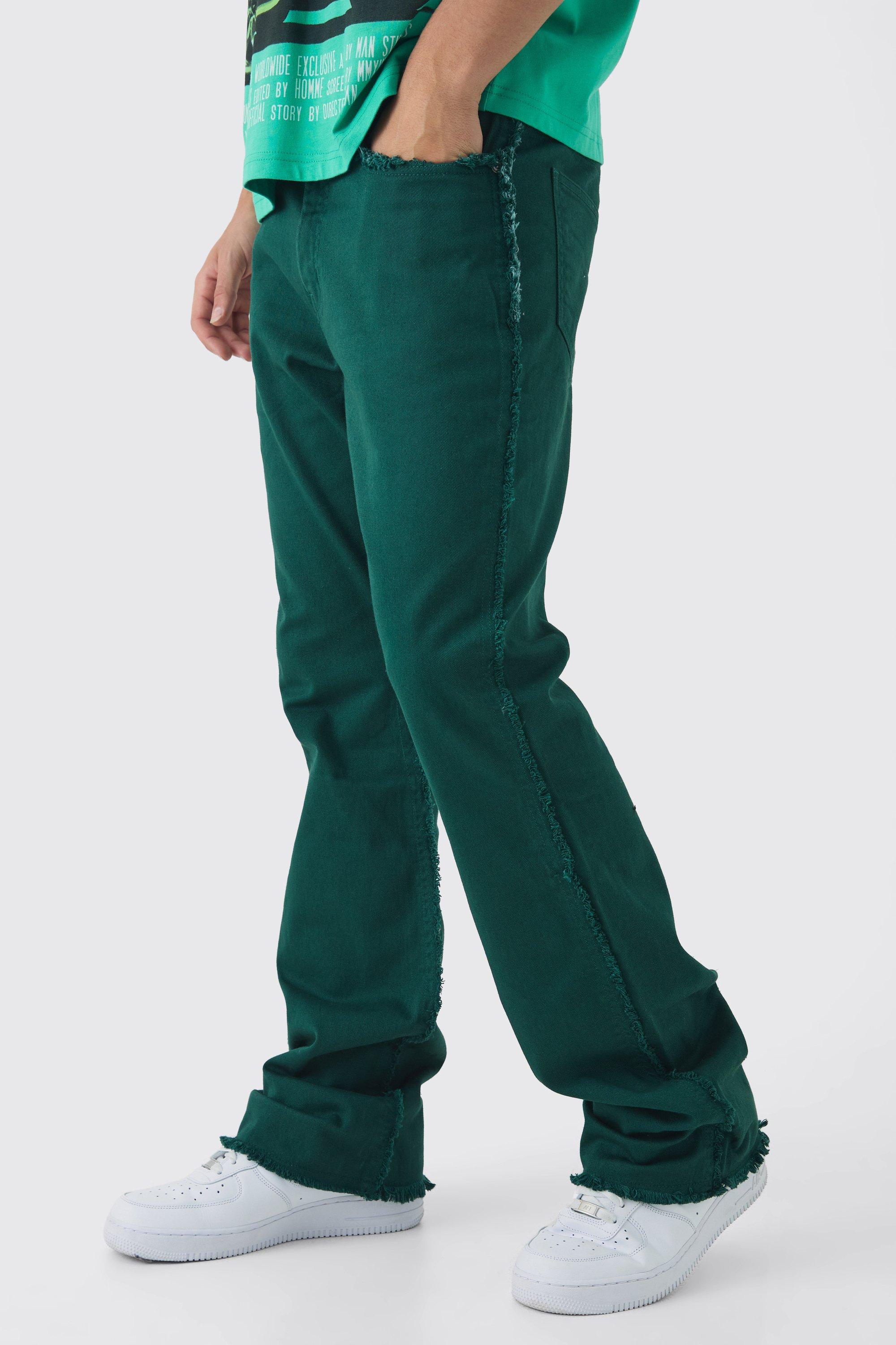 Boohoo Onbewerkte Flared Slim Fit Jeans Met Gerafelde Zoom, Dark Green