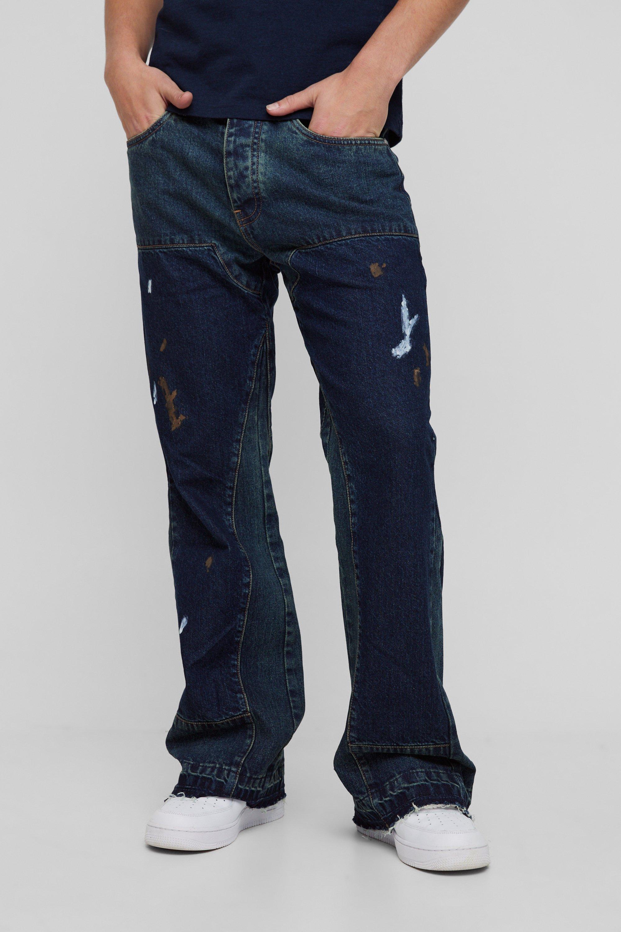 Boohoo Baggy Jeans Met Wijde Pijpen, Gusset En Verfspetters, Vintage Blue