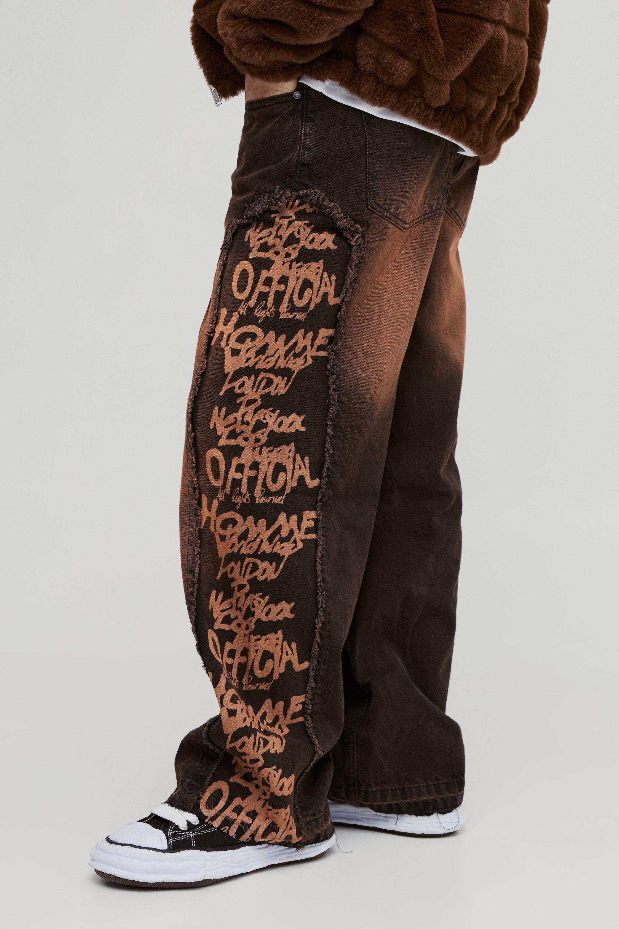 Boohoo Onbewerkte Baggy Jeans Met Panelen En Print, Brown