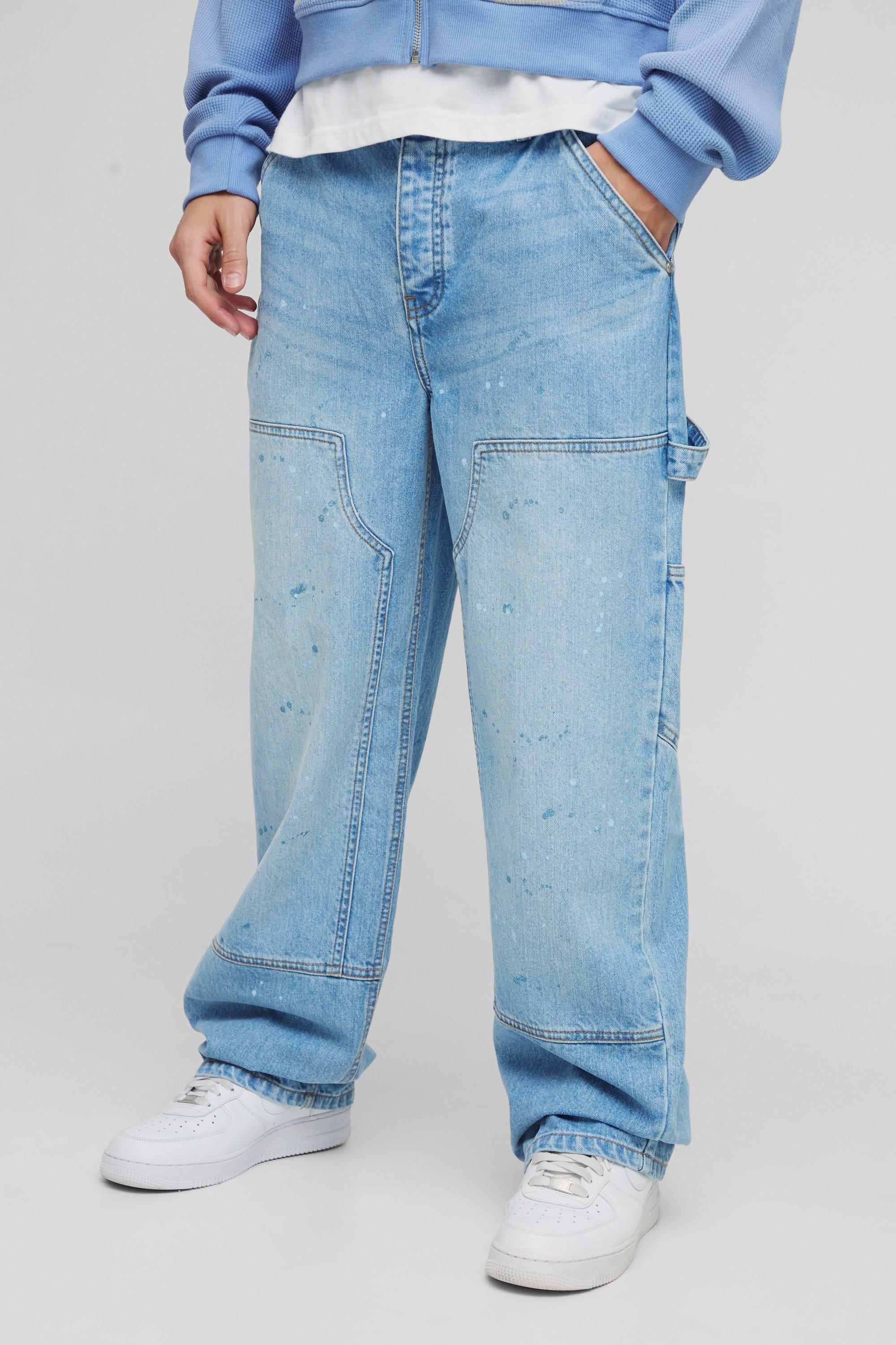 Boohoo Onbewerkte Baggy Carpenter Denim Jeans Met Verfspetters, Light Blue