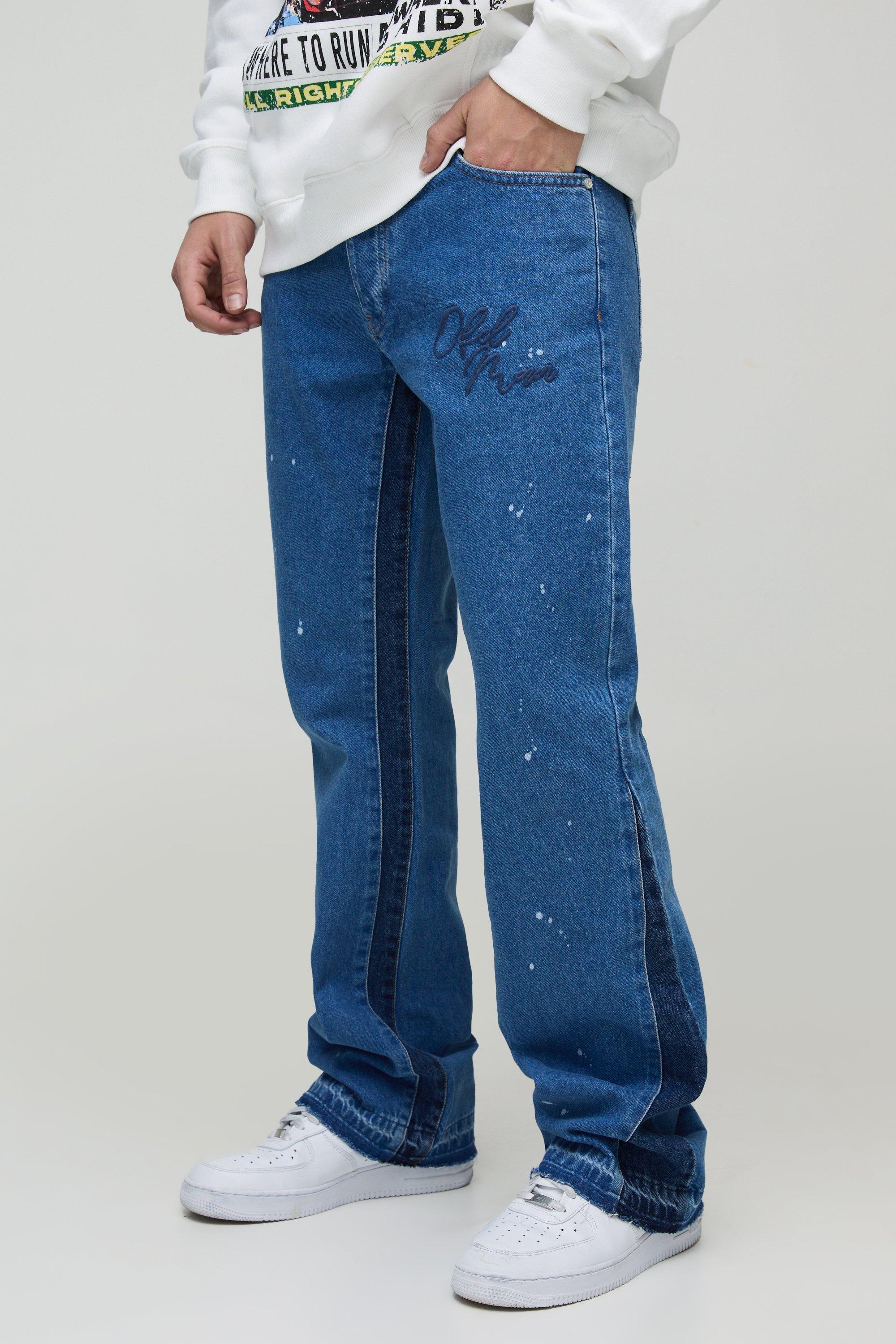 Boohoo Onbewerkte Flared Slim Fit Geborduurde Jeans Met Verfspetters En Gusset, Light Blue