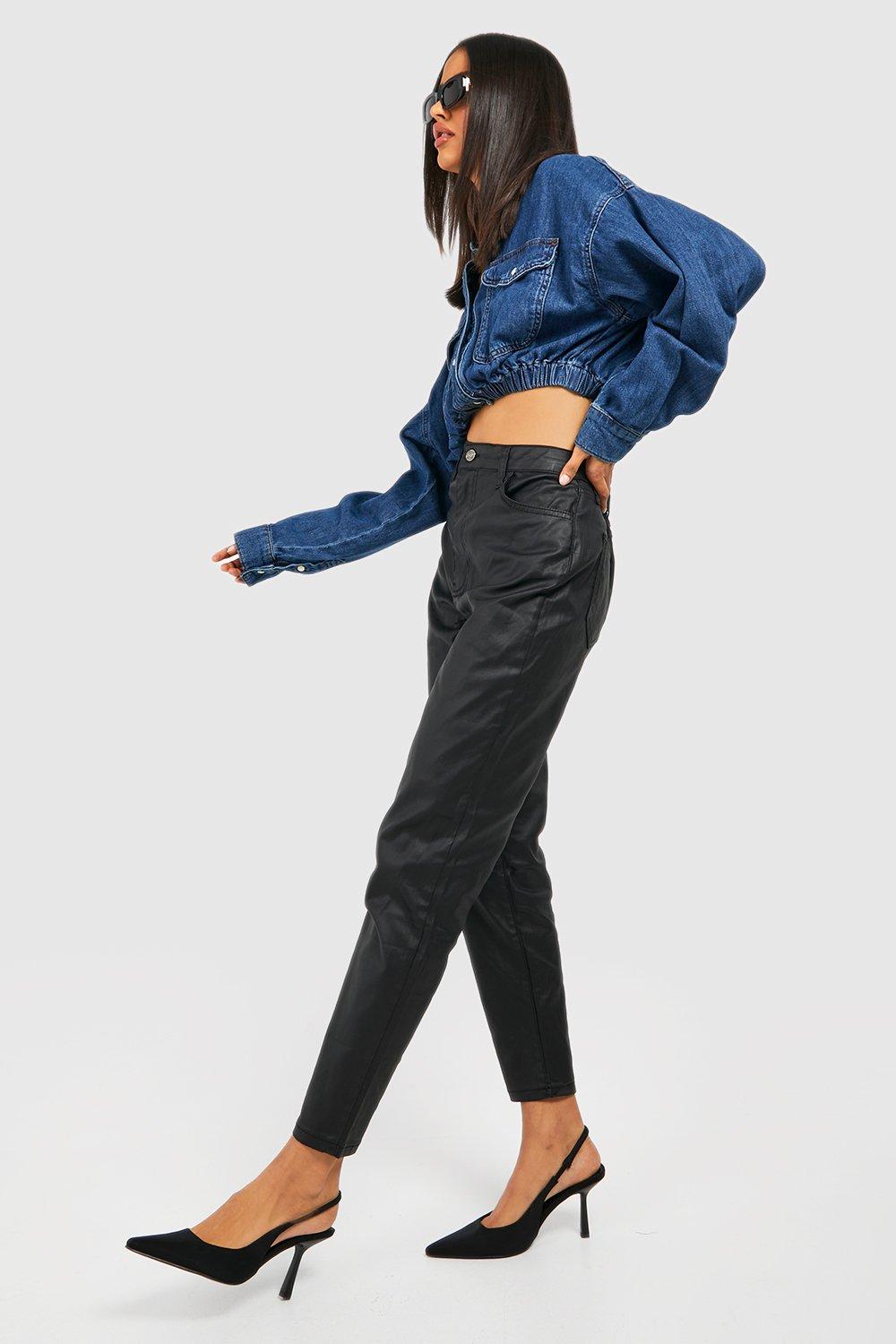 Boohoo High Waist Mom Jeans Met Coating, Black